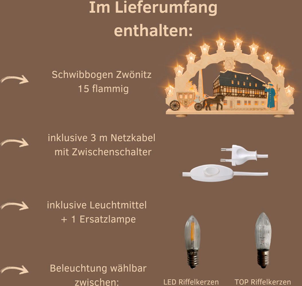 Weigla Schwibbogen Zwönitz, Lichterbogen aus Holz, Fachwerkhaus, Made in Germany (1-tlg), Erzgebirge garantiert, Weihnachtsdeko Innen, Weihnachtsbeleuchtung
