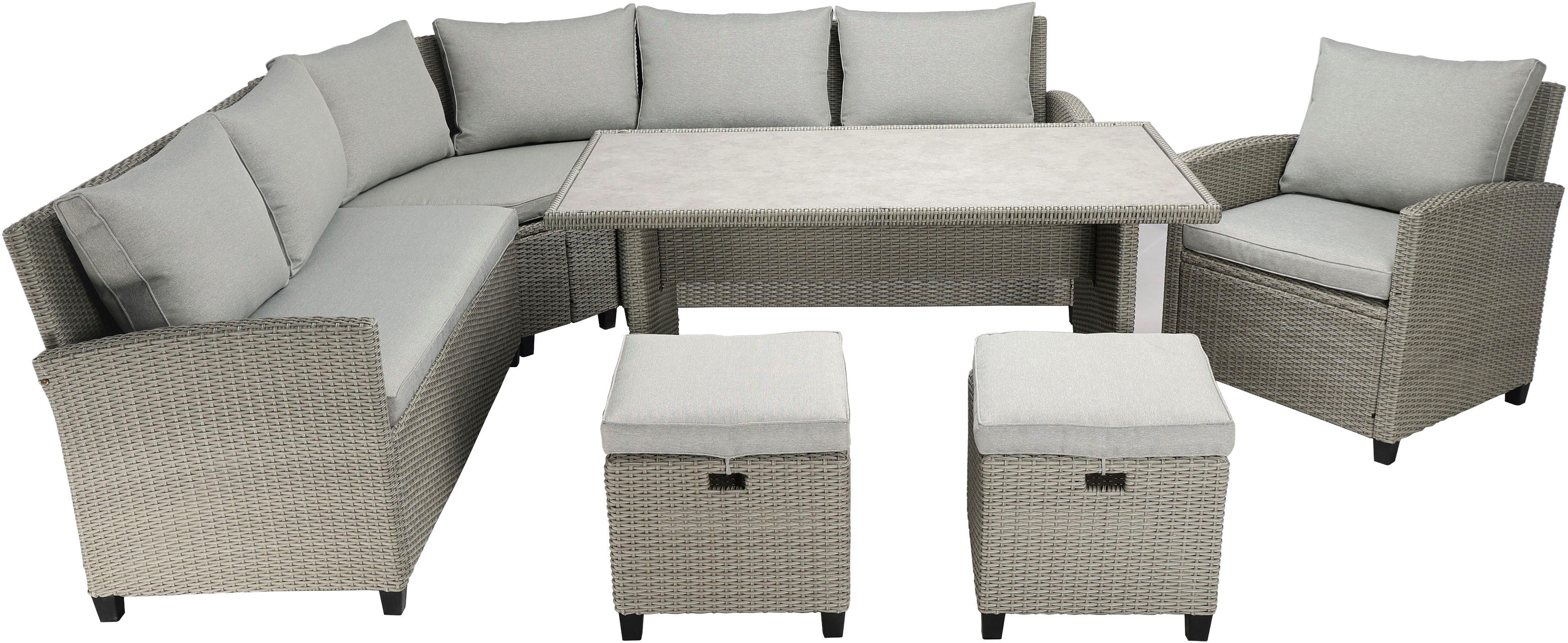 KONIFERA Gartenlounge-Set Keros Premium XL, (Set, 20-tlg., 2x 2er Sofa, 1x Ecke, 1x Sessel, 2x Hocker, 1x Tisch), bestehend aus 3 Sofas, 1 Sessel, 2 Hocker, 14 Sitzauflagen, 1 Tisch. Reduzierter Preis € 799,99. Unverbindliche Preisempfehlung € 1.349,99