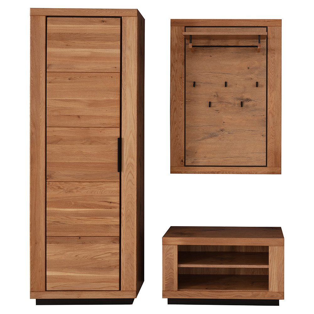 Lomadox Garderoben-Set GIUSTINO-06, (Spar-Set, 3-St., Garderobenbank Garderobenpaneel Garderobenschrank), in Wildeiche teilmassiv, geölt, schwarze Metallgriffe