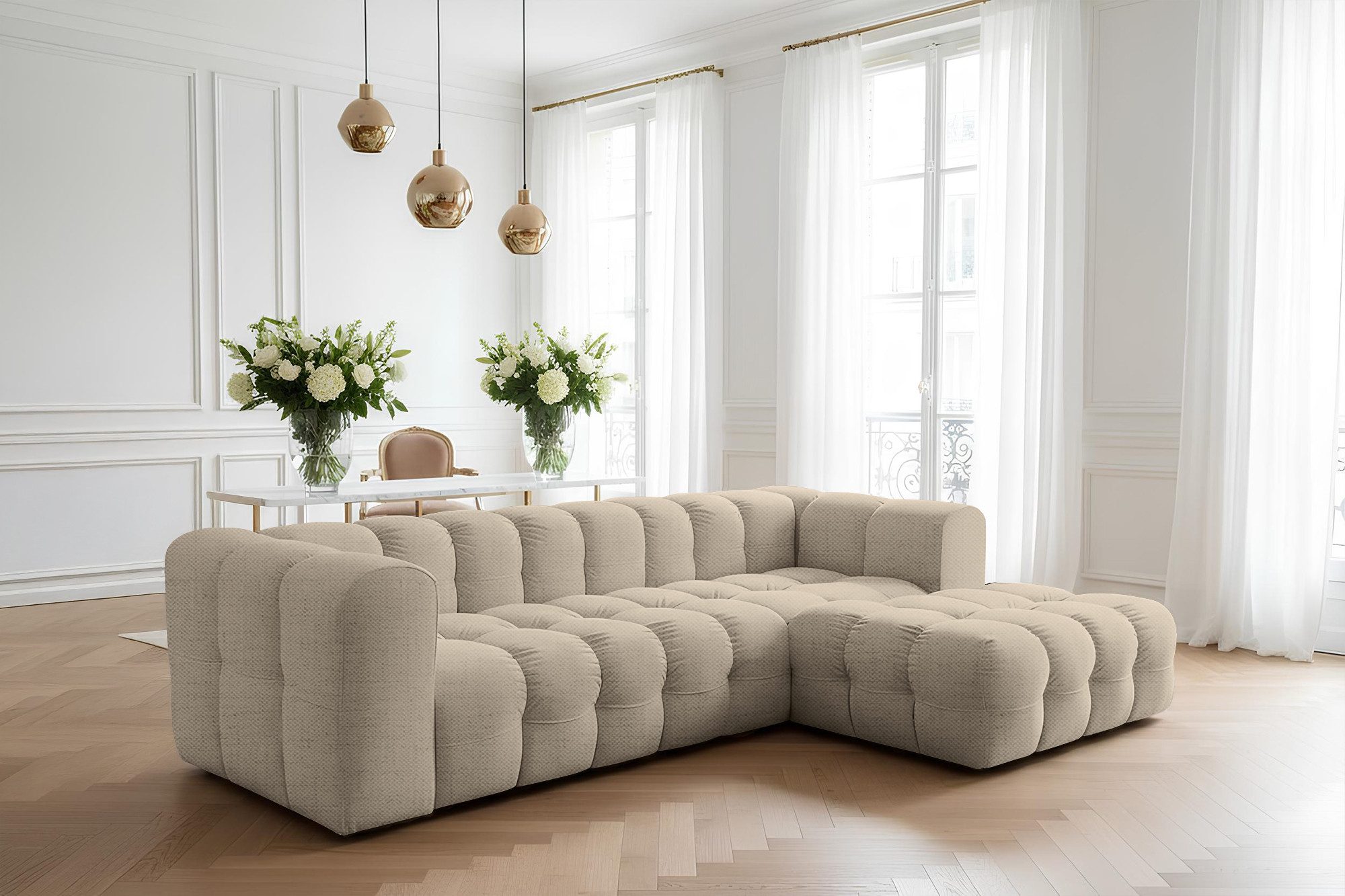 yourhouse24 Ecksofa BLOOM L, 290x193 cm XXL Lounge-Sofa in Bubble-Optik Chenille oder Samt, Made in Europe