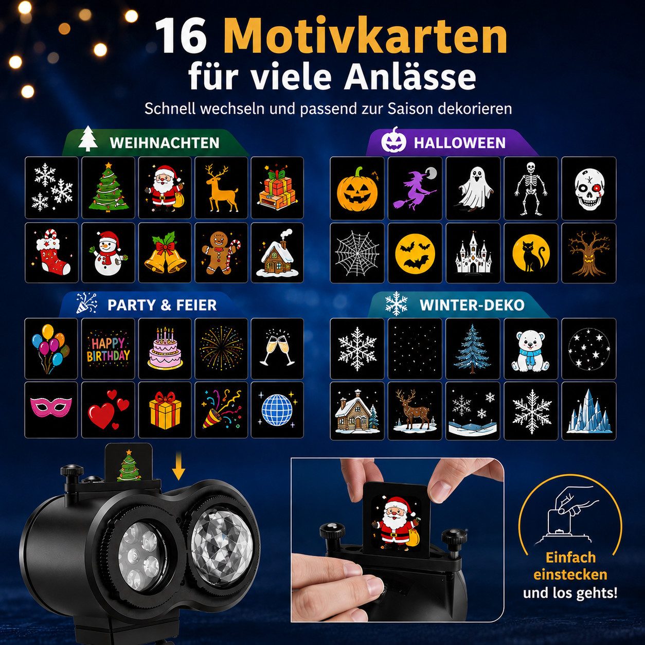 Tekoo Projektionslampe LED Projektor Weihnachten Halloween mit 16 Motiven und IP44, LED, Blau, Rot, mehrfarbig, Weiß, Grün, 16 Motivkarten, IP44, Fernbedienung, Wasserwellen-Effekt