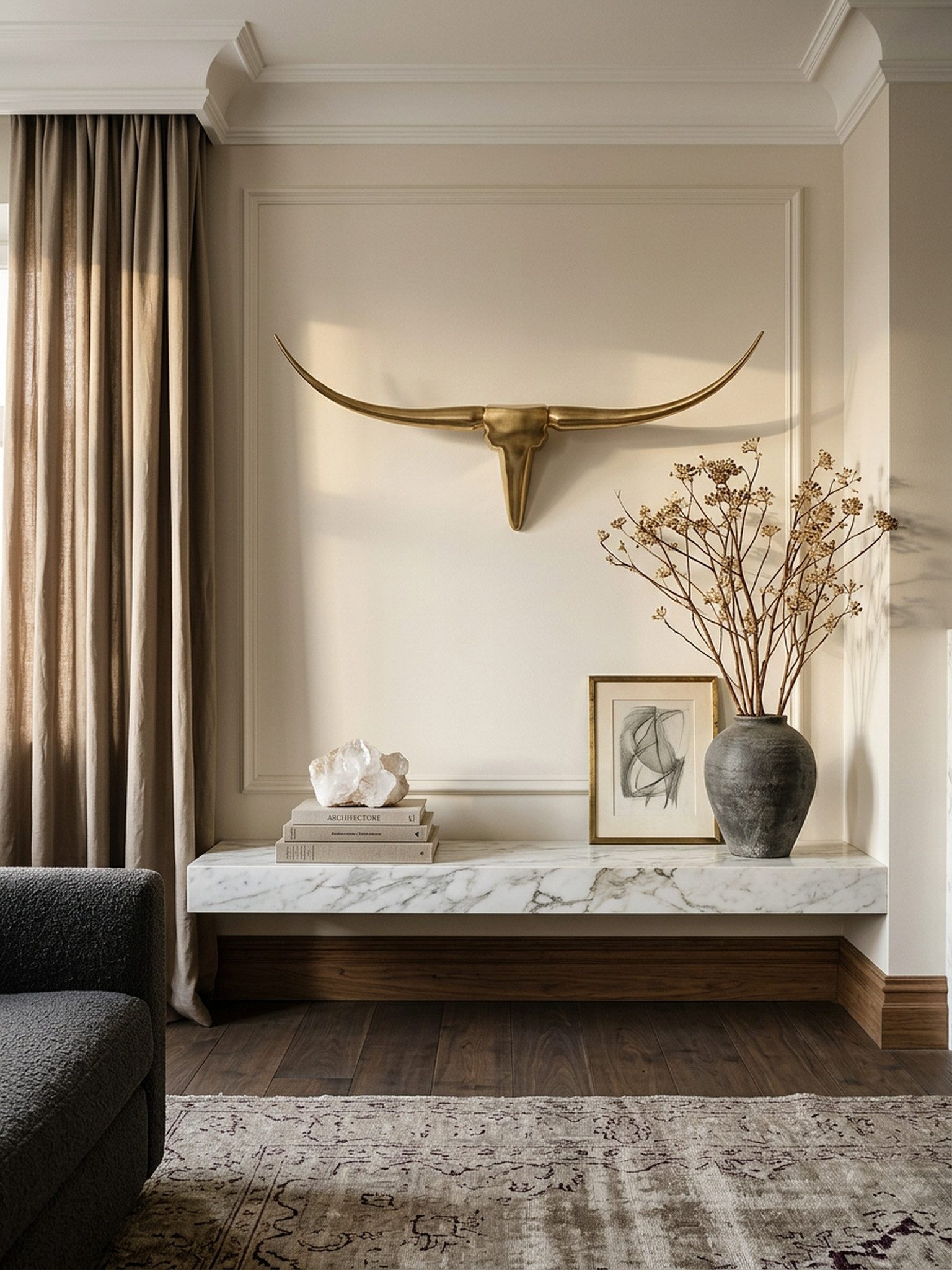 KADIMA DESIGN Wanddekoobjekt Deko Geweih Bull M WL1.392 Gold 100 cm Aluminium Design Hörner, (Wanddekoration Stierkopf Horn Modern, Wandskulptur Geweih-Jagdtrophäe)