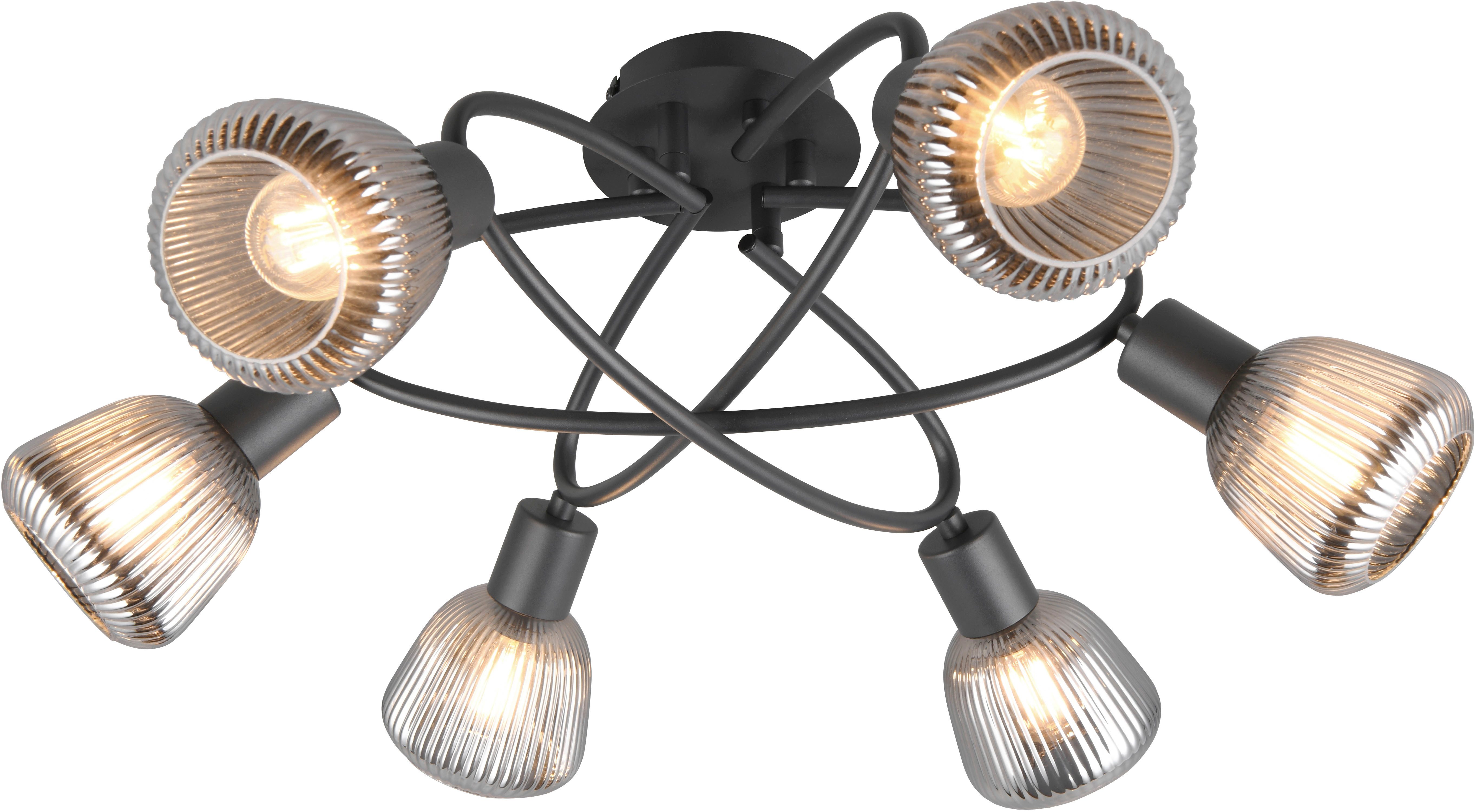 TRIO Leuchten Deckenleuchte TARIFA, 6-flammige Deckenlampe exkl 6xE14 max 10W, Glas Hängelampe, Leuchtmittel wechselbar, warmweiß - kaltweiß, Ø 59cm, Glas Lampenschirme in Riffeloptik und leicht verspiegelt, IP20