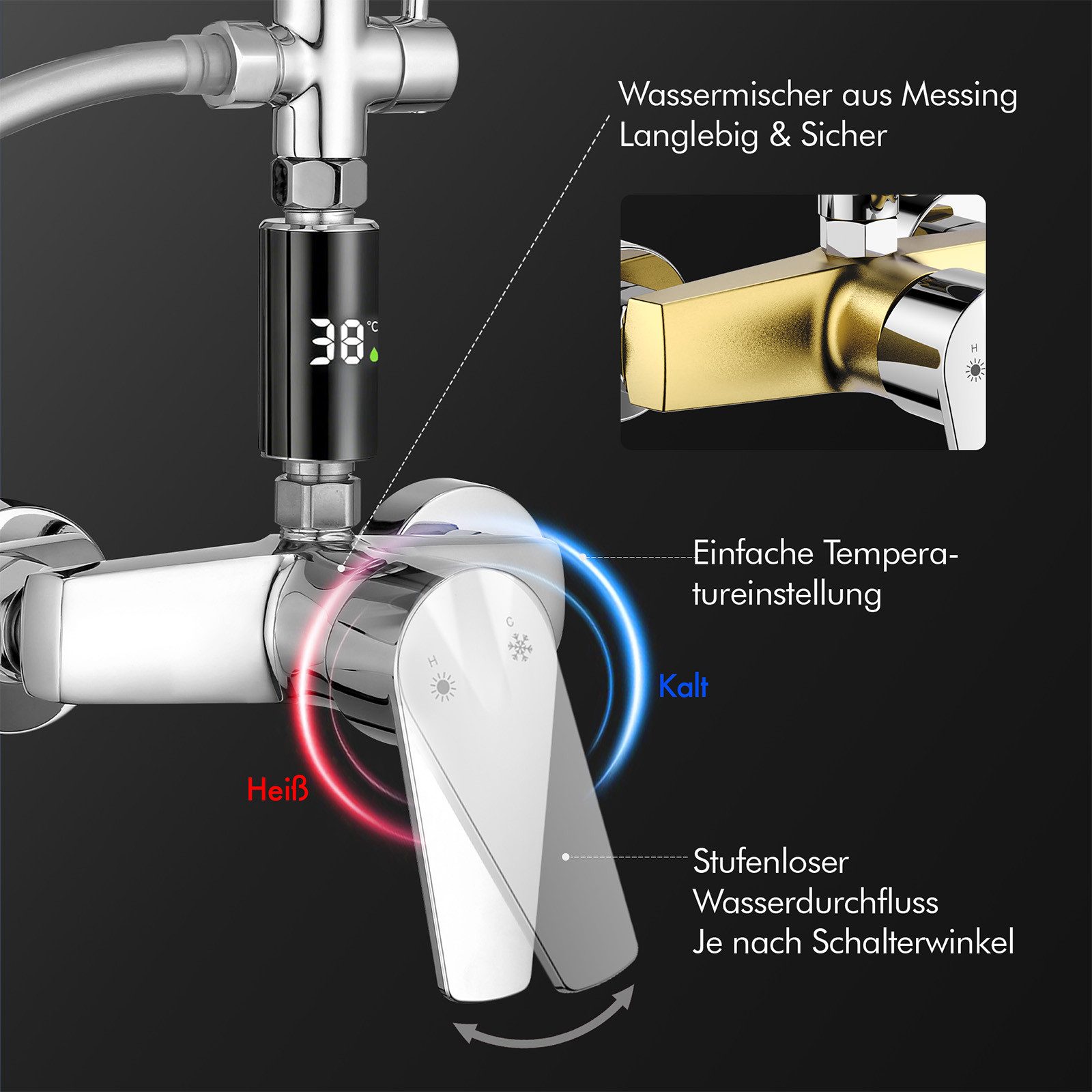 HOMELODY Duschsystem Regendusche 10 Zoll LED Temperaturanzeige 2 Funktionen, Mit LED Anzeige, 3 Strahlarten, höhenverstellbar, kein zweites Bohren – Bild 4 von 5