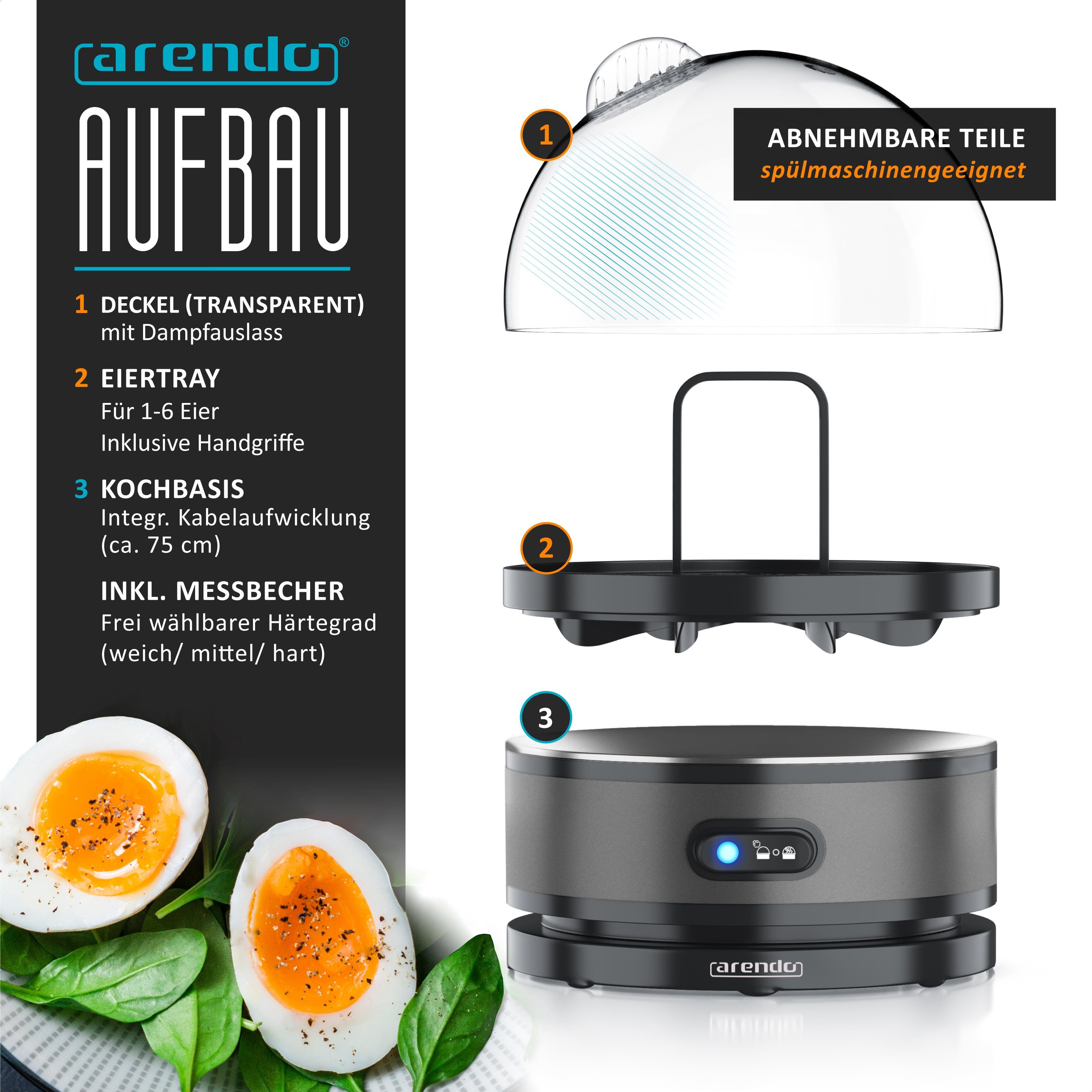 Arendo Eierkocher 7-fach, Edelstahl, mit Warmhaltefunktion, frei wählbarer Härtegrad, Anzahl Eier: 7 St., 400 W, für 1 - 7 Eier, 3 Härtegrade wählbar, Signalton, spülmaschinengeeignet