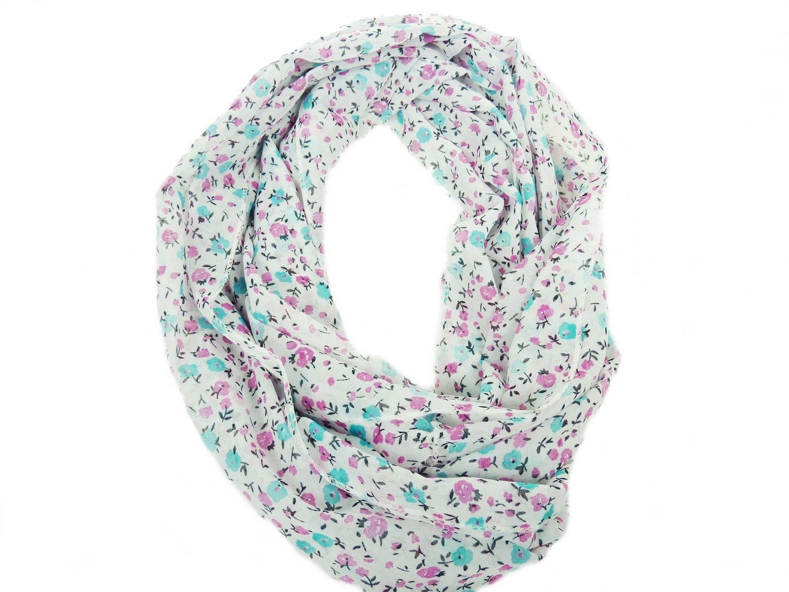 Taschen4life Loop leichter Damen Loop Schal 006, klassisches Streublümchen Muster, Schlauchschal modern weiß/rosa