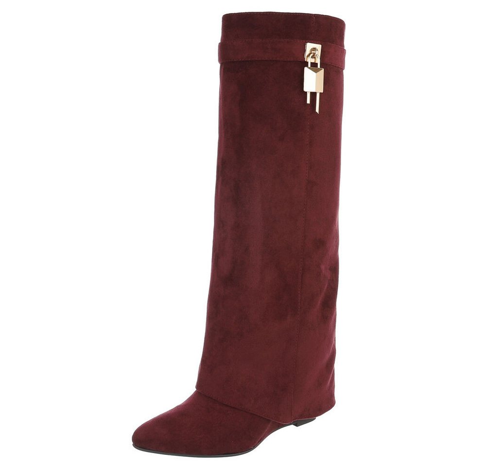 Ital-Design Damenstiefel mit hohem Schaft und Schmuckdetail Keilstiefel (92125449) Keilabsatz/Wedge Stiefel in Weinrot