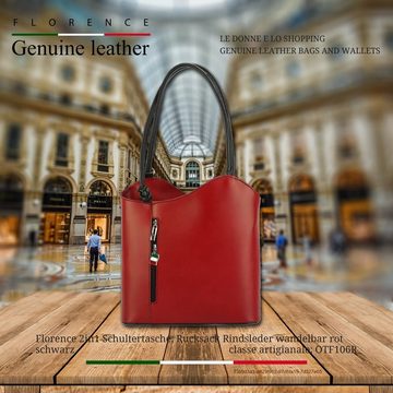 FLORENCE Schultertasche Florence 2in1 Damen Schultertasche (Schultertasche), Damen Leder Schultertasche, Rucksack, rot, schwarz ca. 28cm