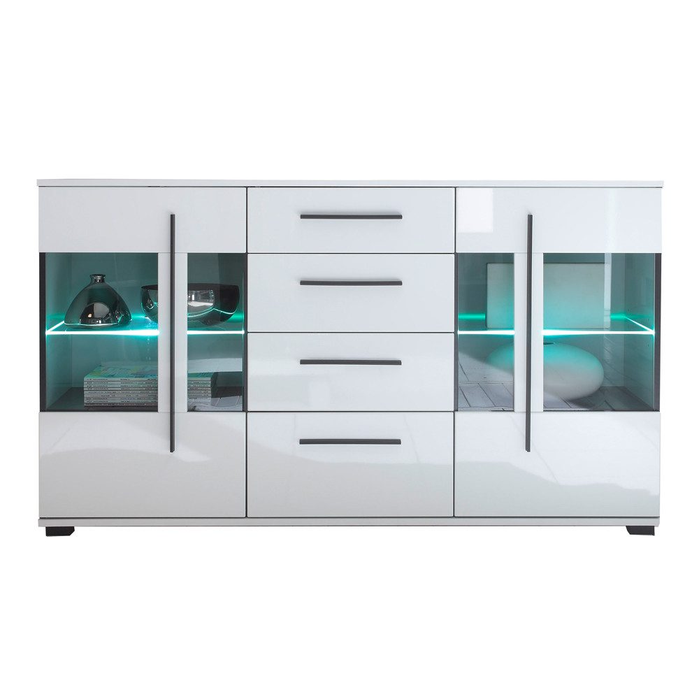 Lomadox Sideboard COLORADO-61, weiß Hochglanz und teilweise Glastüren Grauglas 150x86x42cm