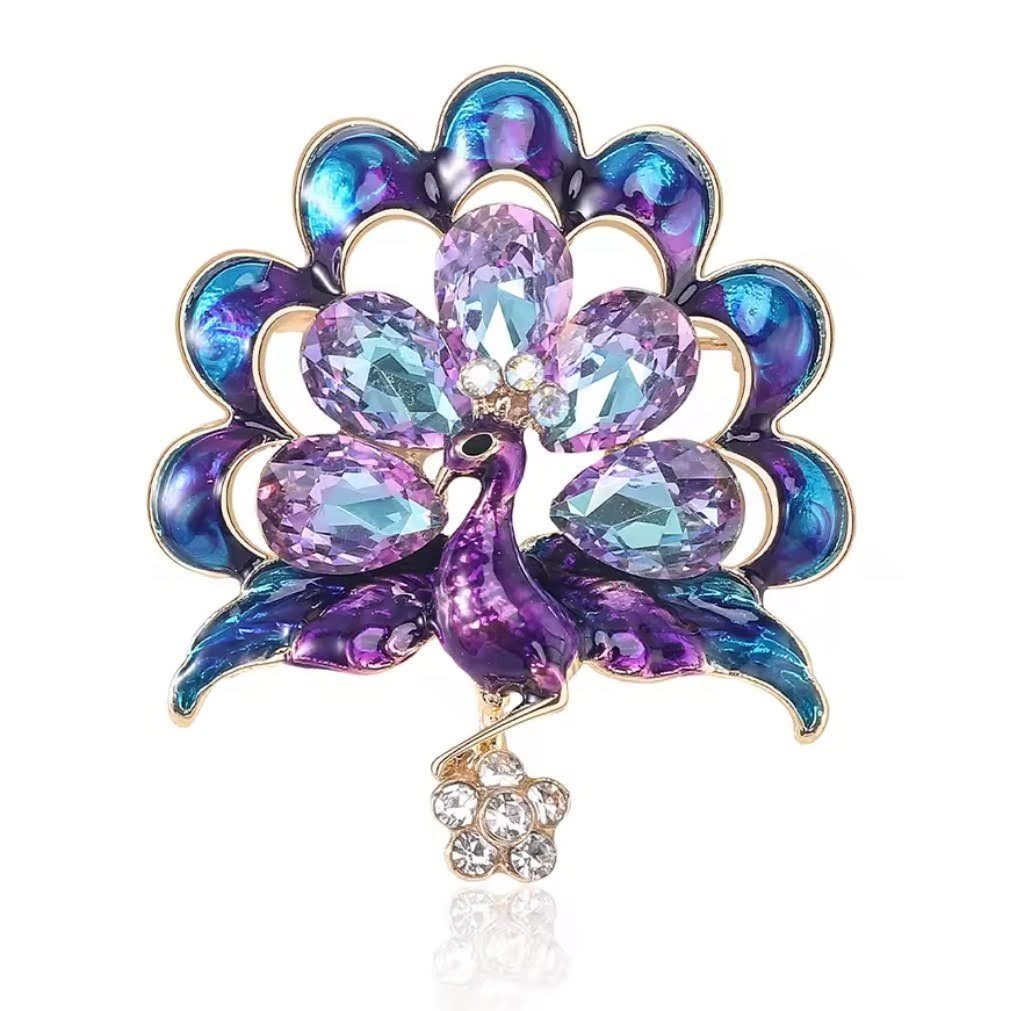 Dark-Desires Brosche Klassische vintage Brosche Pfau in violett-silber mit Strass, Damen Brosche vintage Accesssoire retro Anstecknadel