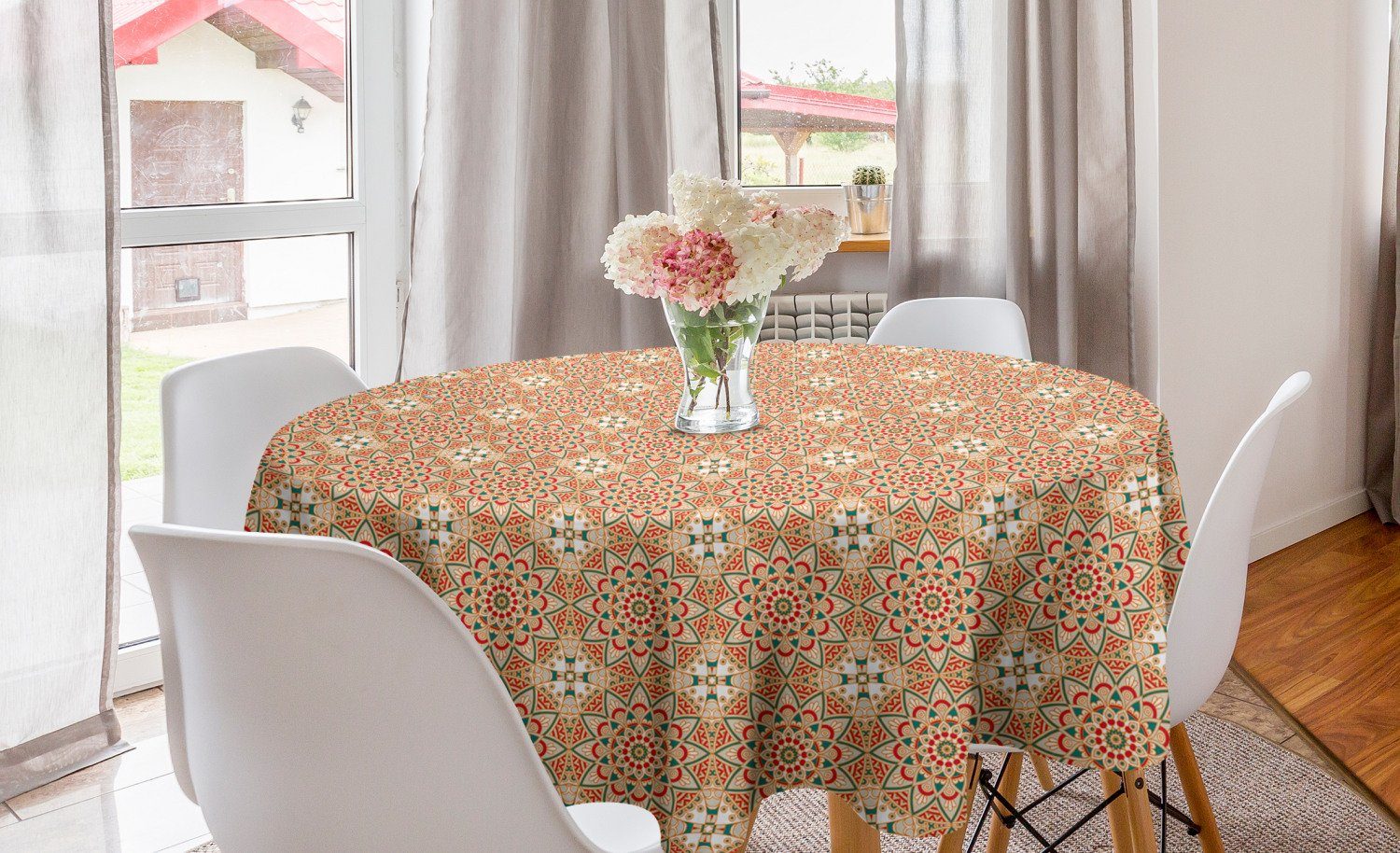 Abakuhaus Küche Esszimmer Dekoration, Tischdecke Tischdecke für Abdeckung Kreis Blumen-Blüten-Kreise Ethnisch