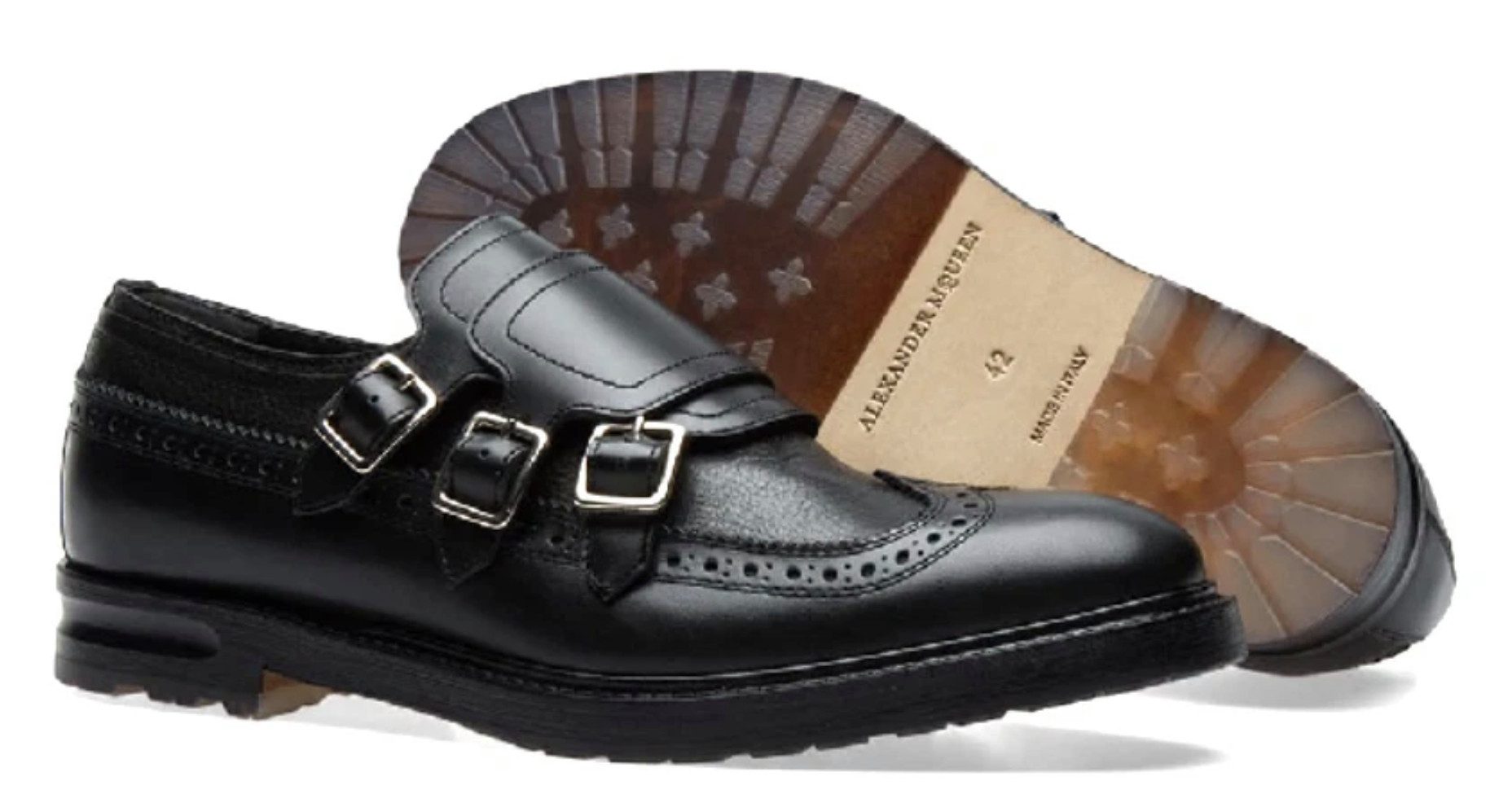 ALEXANDER MCQUEEN Dreifach-Monkstrap Brogue Derby Schuhe Made in Italy Slipper Leder mit rutschfestem, transparent eingefasstem Gummielement