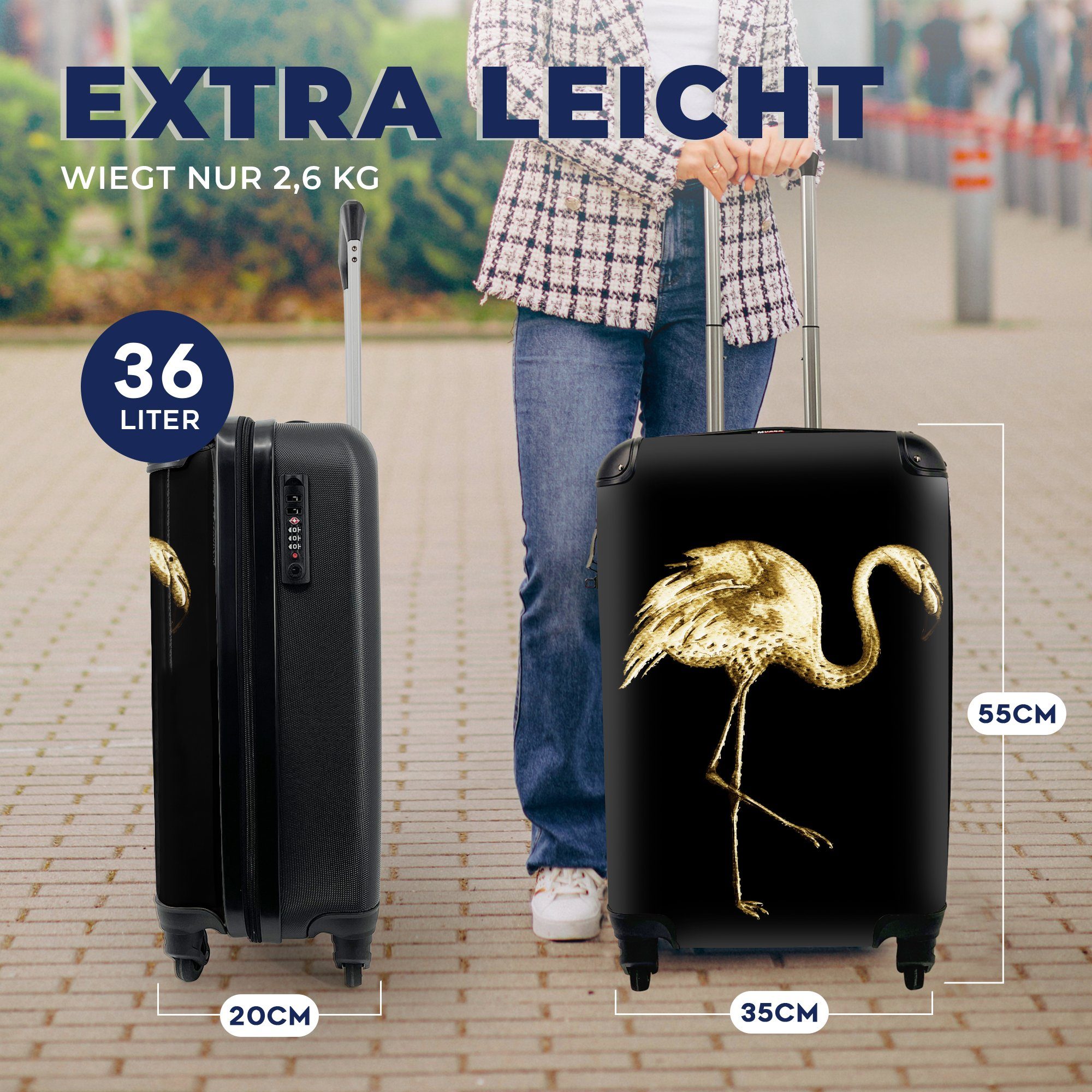 Schwarz, Handgepäckkoffer - - Ferien, Gold Reisekoffer Handgepäck Reisetasche Flamingo 4 für MuchoWow rollen, mit Trolley, Rollen,