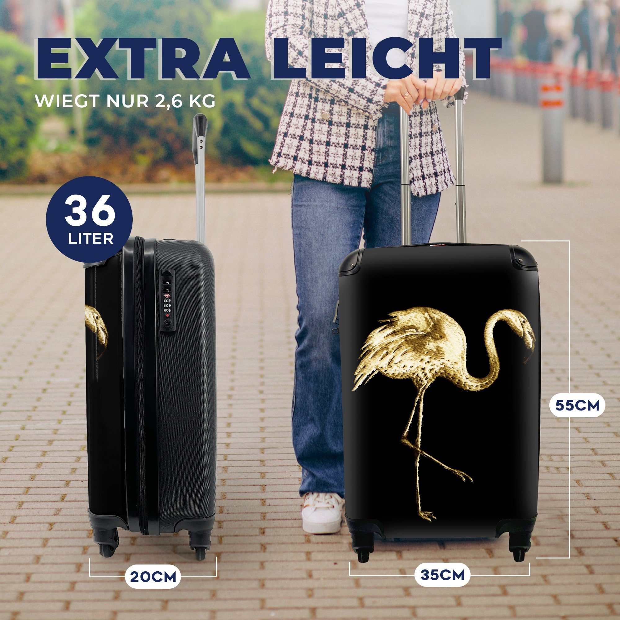 rollen, Reisekoffer mit - für Schwarz, Handgepäckkoffer Rollen, Flamingo Ferien, Gold Handgepäck 4 MuchoWow Trolley, Reisetasche -