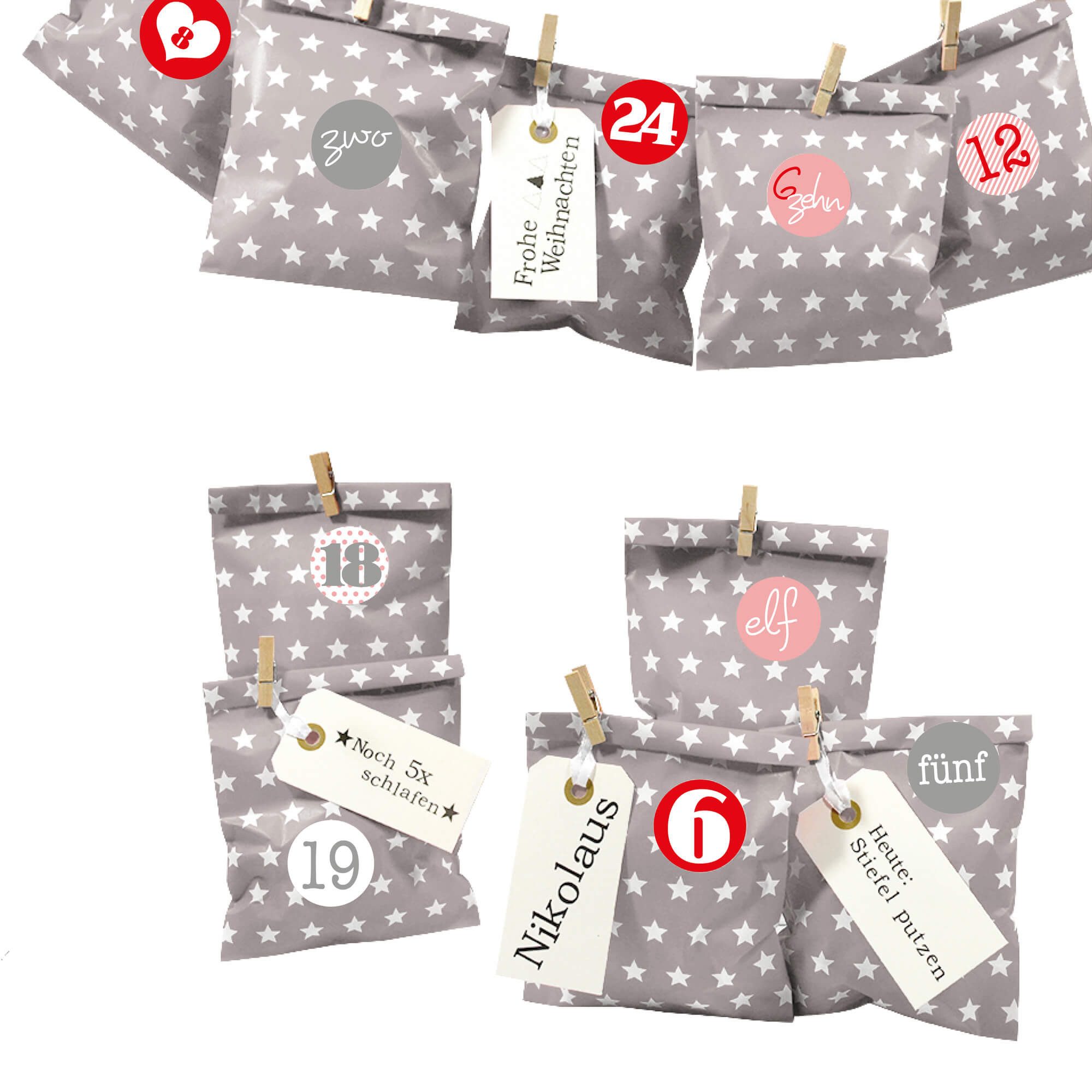 Frau WUNDERVoll befüllbarer Adventskalender Adventskalender Bescherung, taupe Stern, Ziffern rosa-rot