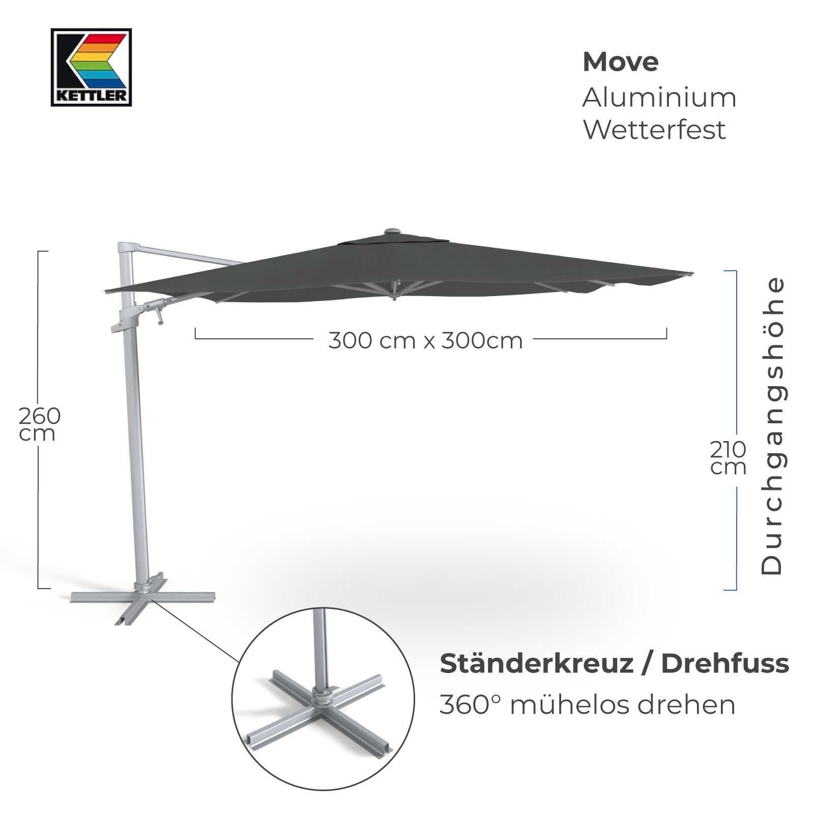 KETTLER Ampelschirm Kettler Ampelschirm Sonnenschirm EASY MOVE 300 x 300 cm mit