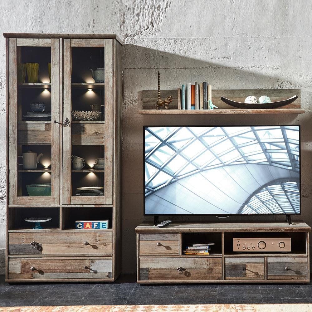 Lomadox Wohnwand BRANSON-36, (3-St), braun Vintage Vitrine mit LED Wandregal & Lowboard 228/188/52 cm