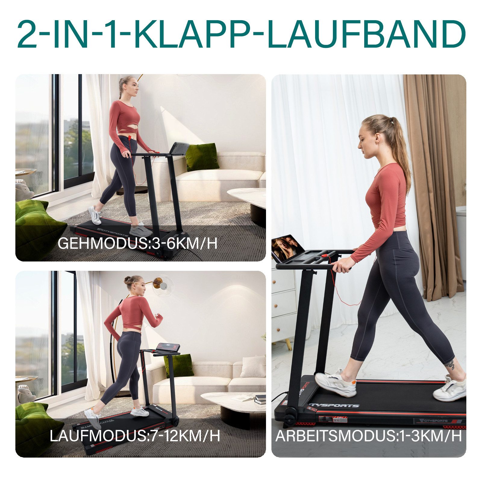CITYSPORTS Laufband WP9 (Mit toolkit, Schmiermittel), Klappbares Laufband bis 12 km/h mit APP walking jogging pad