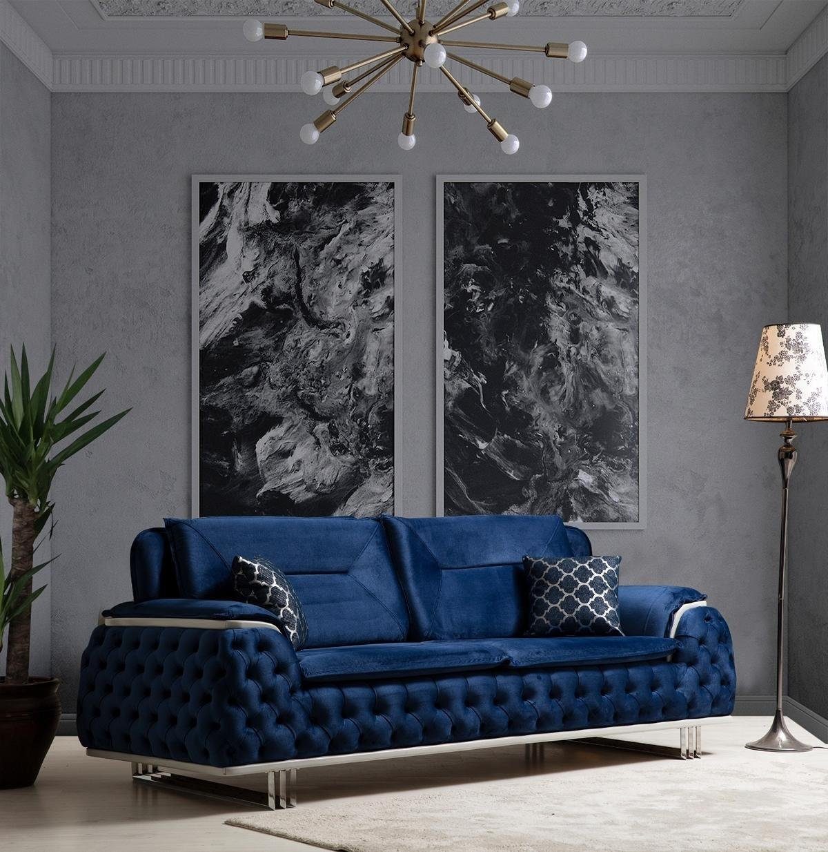 JVmoebel Chesterfield-Sofa Blaue Chesterfield Dreisitzer Couch Sofa Couchen Design Möbel Textil