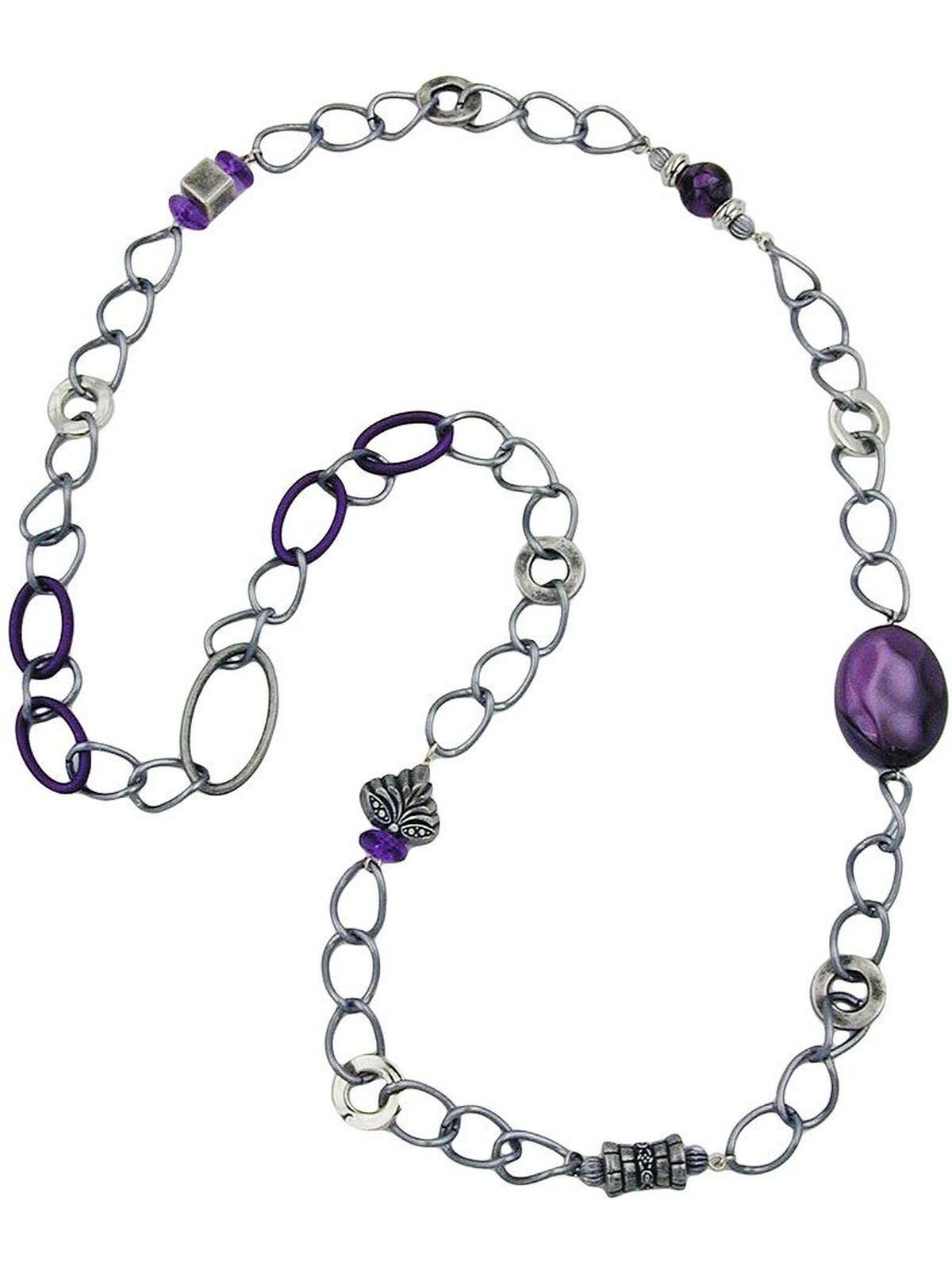Gallay Perlenkette Kunststoffperlen lila-altsilberfarbene Weitpanzerkette Aluminium 95cm dunkelgrau