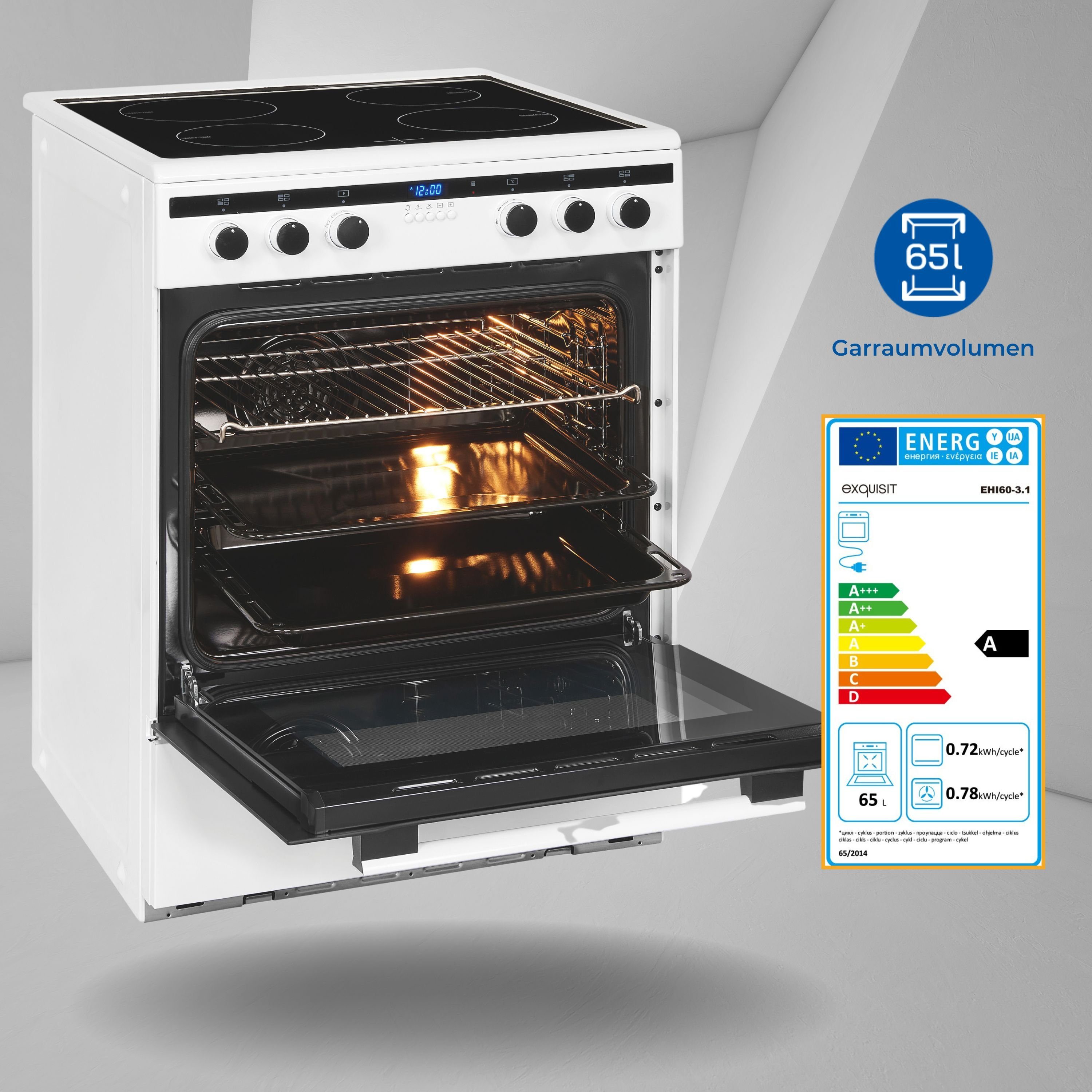 exquisit Induktions-Standherd EHI 60-3.1, Digitaler Timer, 65l Backofenvolumen, Induktionskochfeld