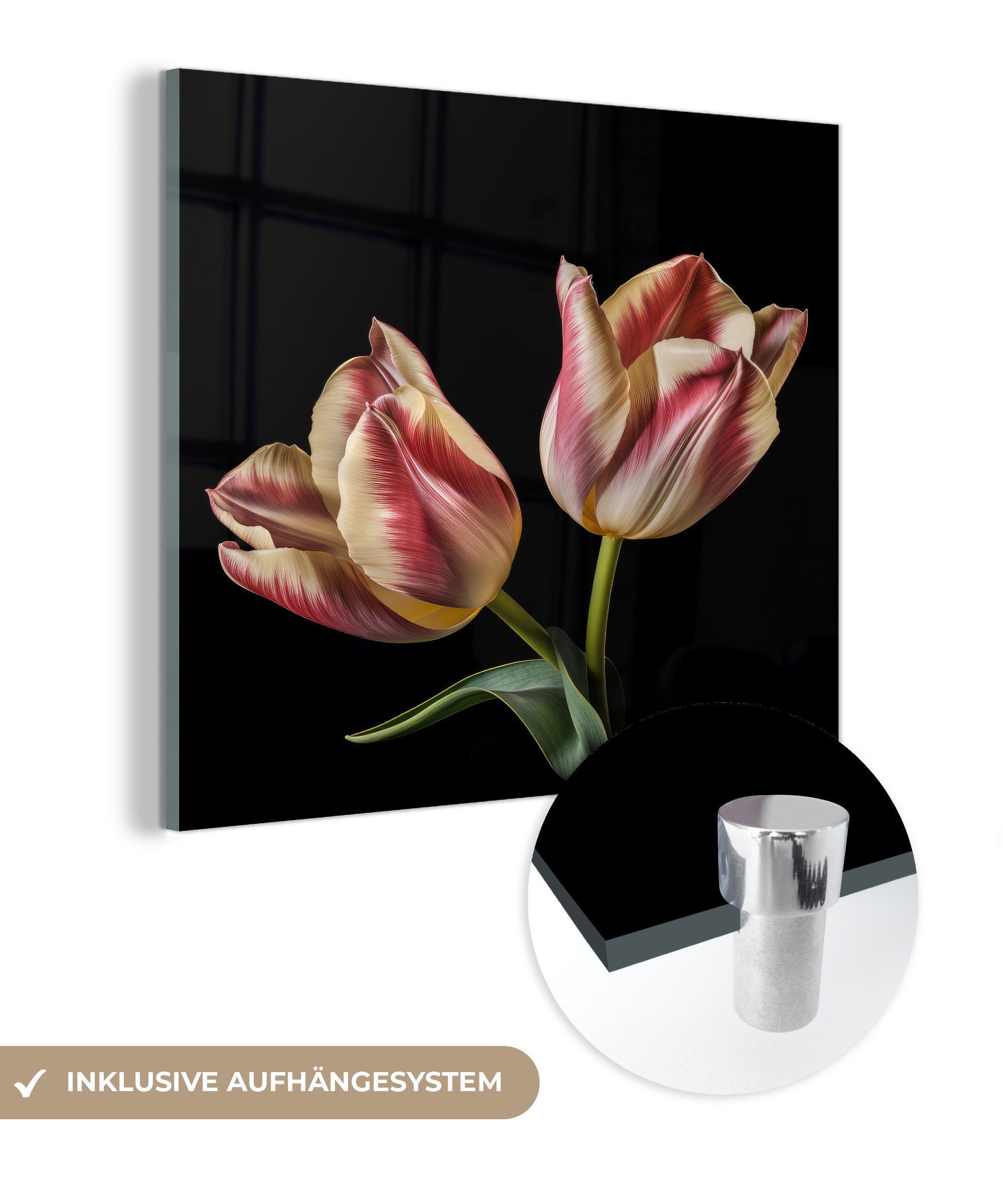 MuchoWow Acrylglasbild Tulpen - Blumen - Rosa - Weiß - Natur, (1 St), Glasbilder - Bilder auf Glas Wandbild - Foto auf Glas - Wanddekoration
