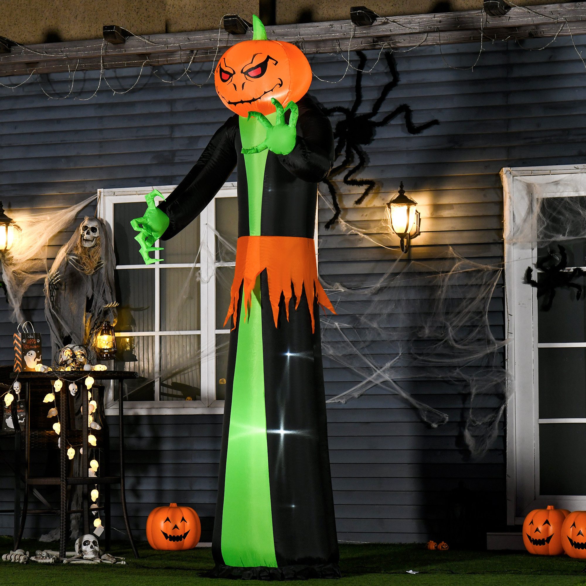 HOMCOM LED-Dekofigur Kürbis für den Außenbereich Party Garten Hof Rasen (Halloweendeko, 1 St., Aufblasbare Halloweendekoration), Grün+Schwarz 100 x 96 x 270 cm