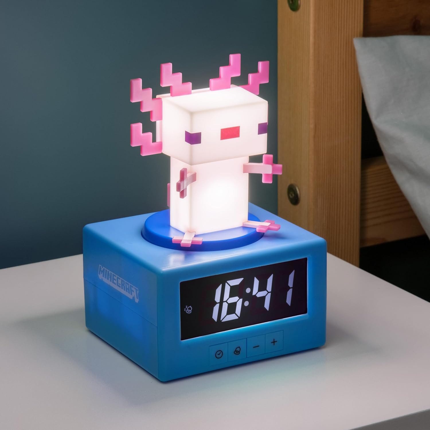 Paladone Kinderwecker Minecraft Axolotl Wecker mit Digitaluhr, Nachtlicht & Snooze-Funktion