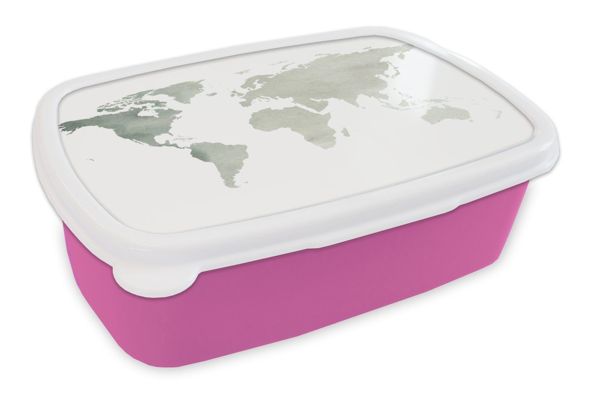 MuchoWow Lunchbox Weltkarte - Grau (2-tlg), Brotdose rosa - Brotbox Kunststoff, Kinder, Erwachsene, Weiß, für Kunststoff Snackbox, Mädchen