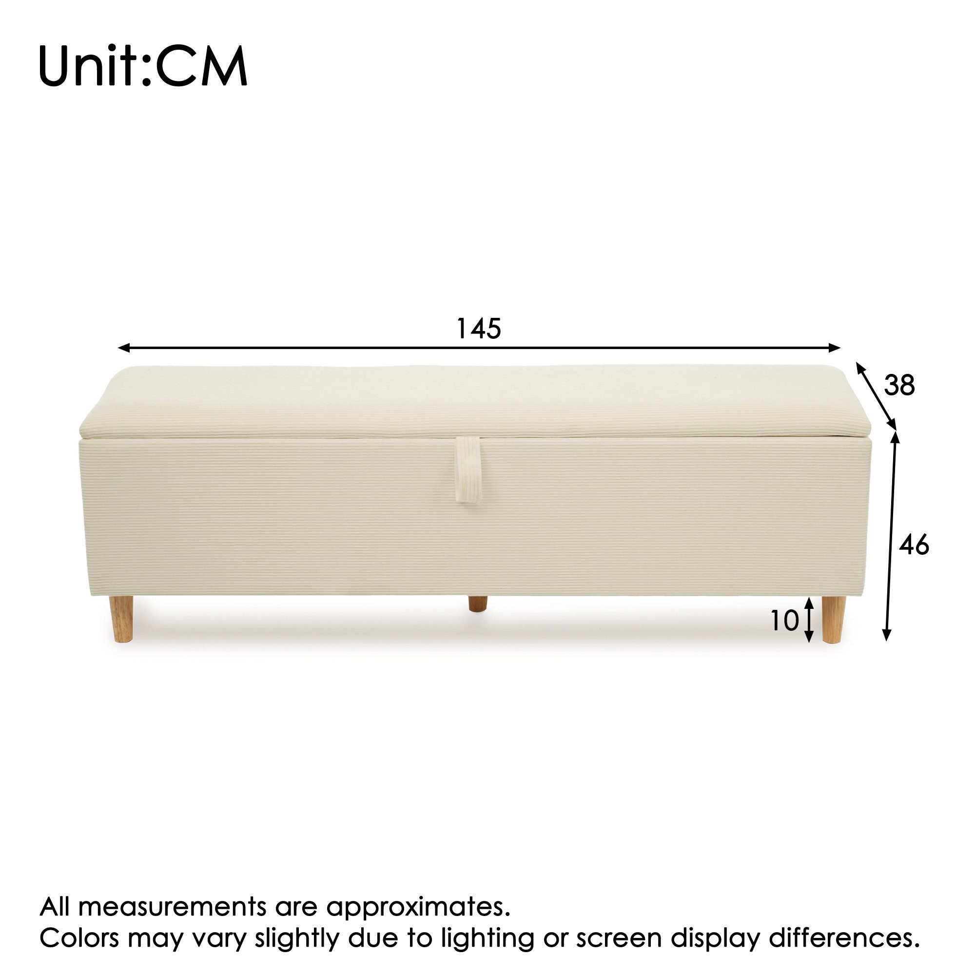 KLAM HOME Bettbank 145 x 38 cm Bettbank, Polsterbank mit Hydraulischem Stauraum (Bettbank mit Stauraum, Aufbewahrungsbox, Beiger Cord-Optik), Geeignet für Schlafzimmer, Wohnzimmer und Flur