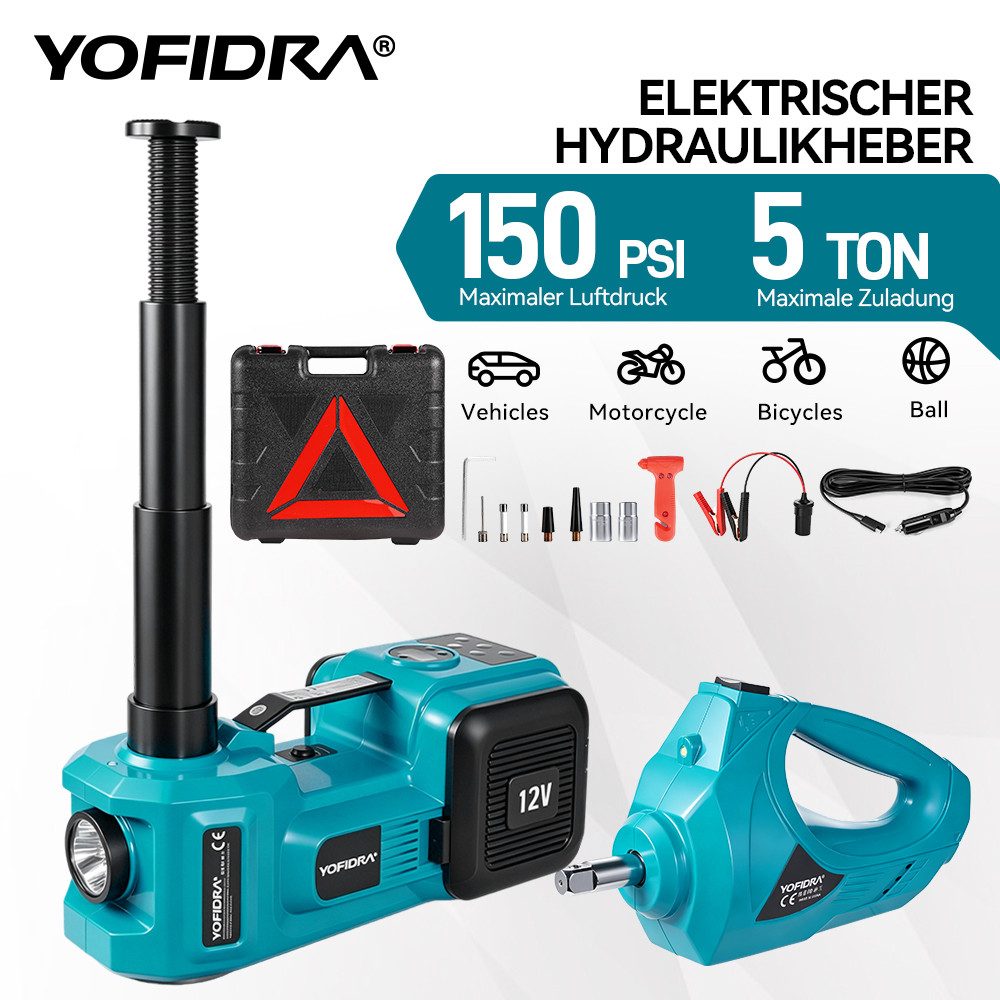 Yofidra Wagenheber 3-in-1 Elektrischer Wagenheber 5T mit Schlagschrauber & Luftpumpe, max. Hubhöhe: 53 cm, 1-tlg., Notfall-Set mit Koffer, LED-Licht für PKW, SU – Bild 2 von 5