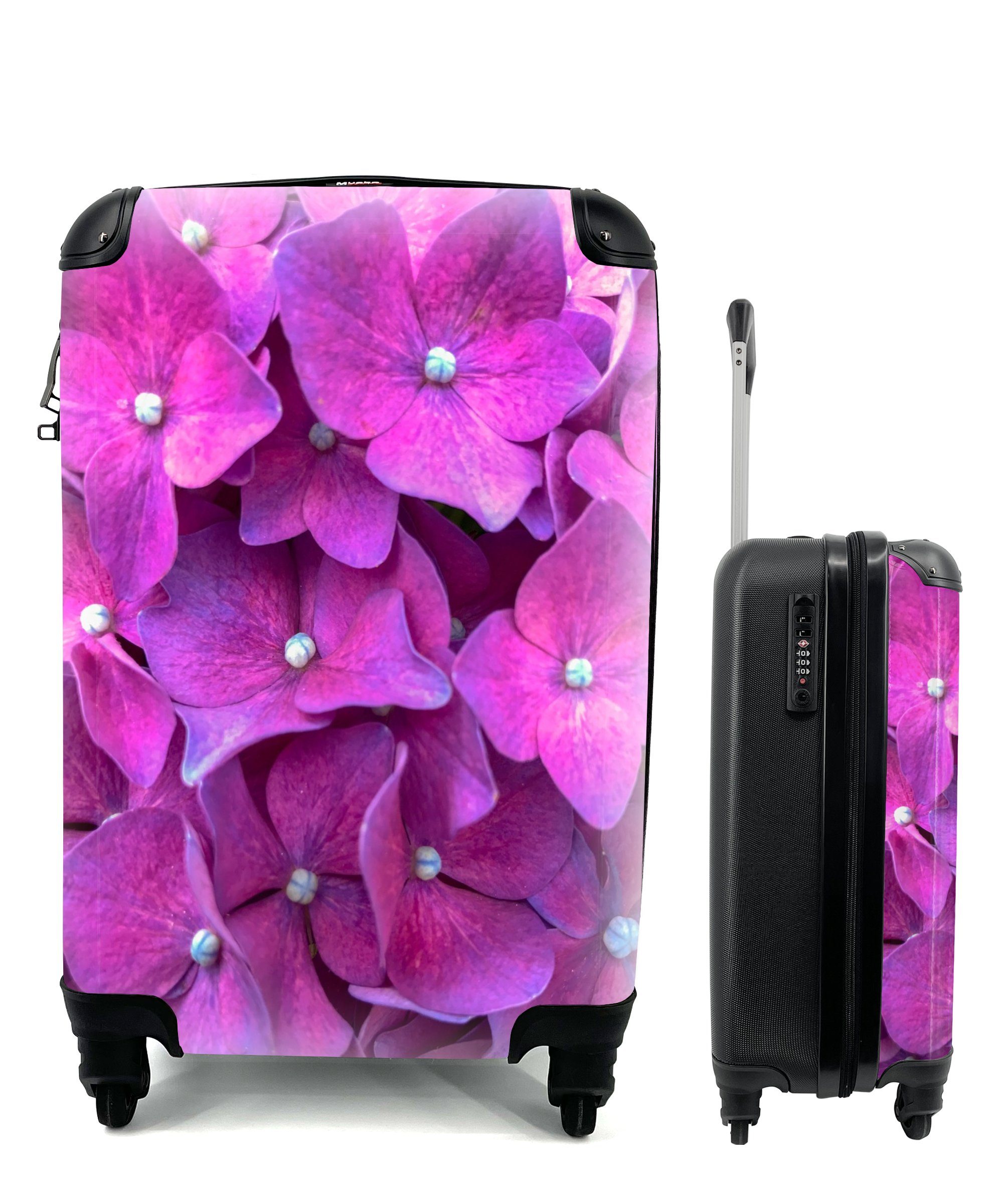Reisetasche für rollen, MuchoWow Nahaufnahme Reisekoffer Handgepäck mit Trolley, rosa Hortensienblüten, Handgepäckkoffer Rollen, 4 Ferien,