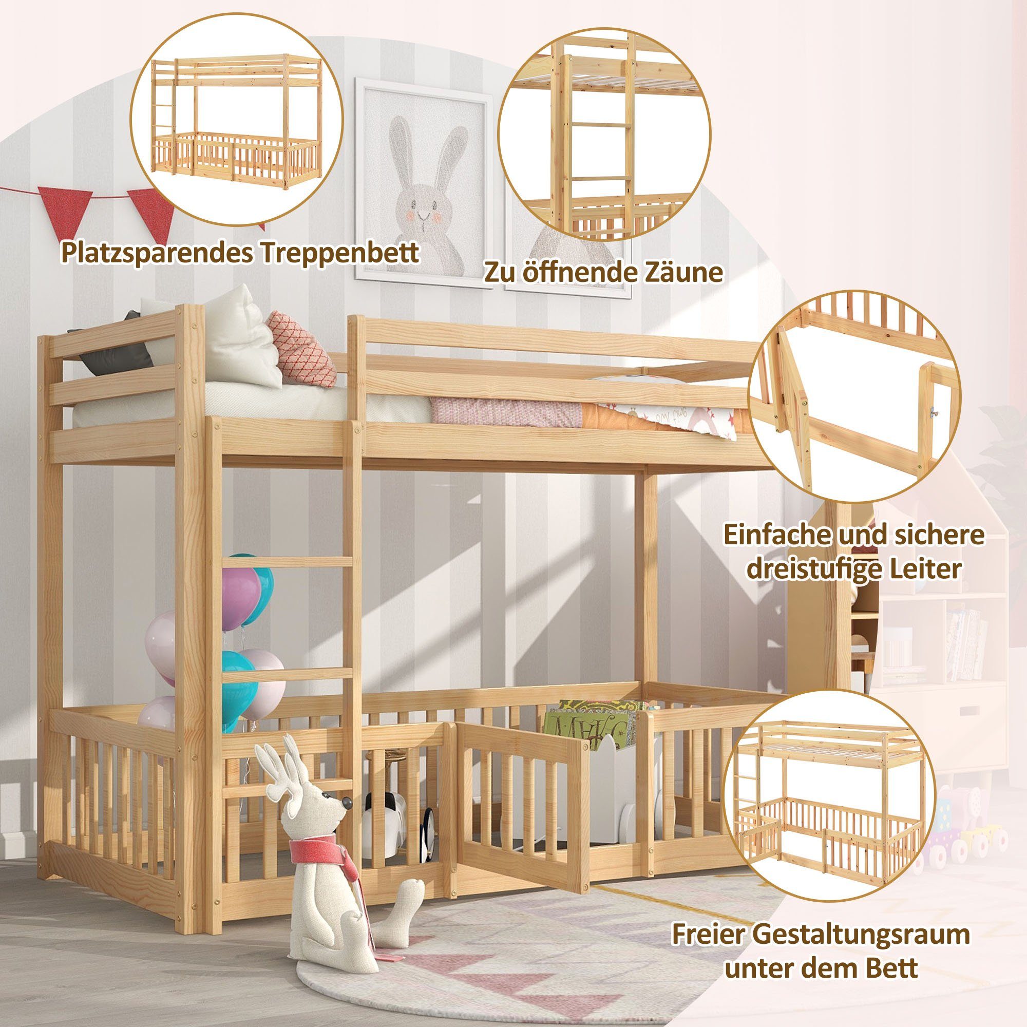 Etagenbett (Hochbett 90x200 cm mit Lattenrost und Rausfallschutz), Kinderbett mit Leiter, Zäune und Tür, aus massivem Kiefernholz