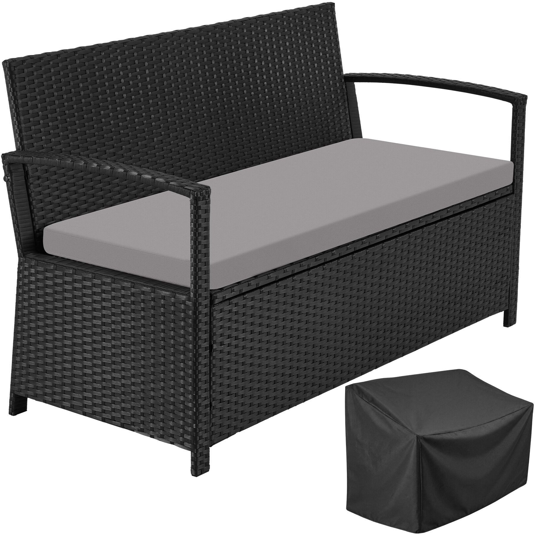 tectake Gartenbank Polyrattanbank 2-Sitzer wetterfest mit großem Stauraum 128x56x77,5cm (Balkonbank Vecchia, in Schwarz), Belastbarkeit 250 kg, Inkl. Schutzhülle und Sitzpolster