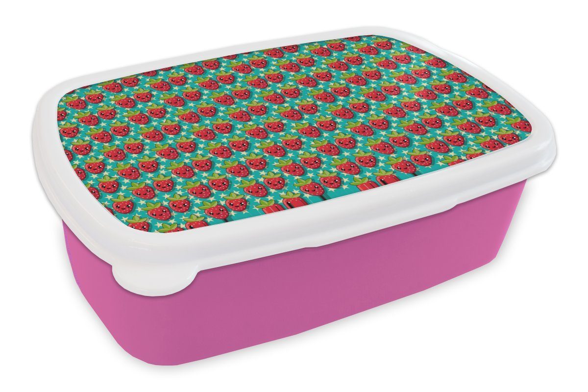 MuchoWow Lunchbox Erdbeeren - Kinder - Obst - Vegan - Design, Kunststoff, (2-tlg), Brotbox für Erwachsene, Brotdose Kinder, Snackbox, Mädchen, Kunststoff rosa