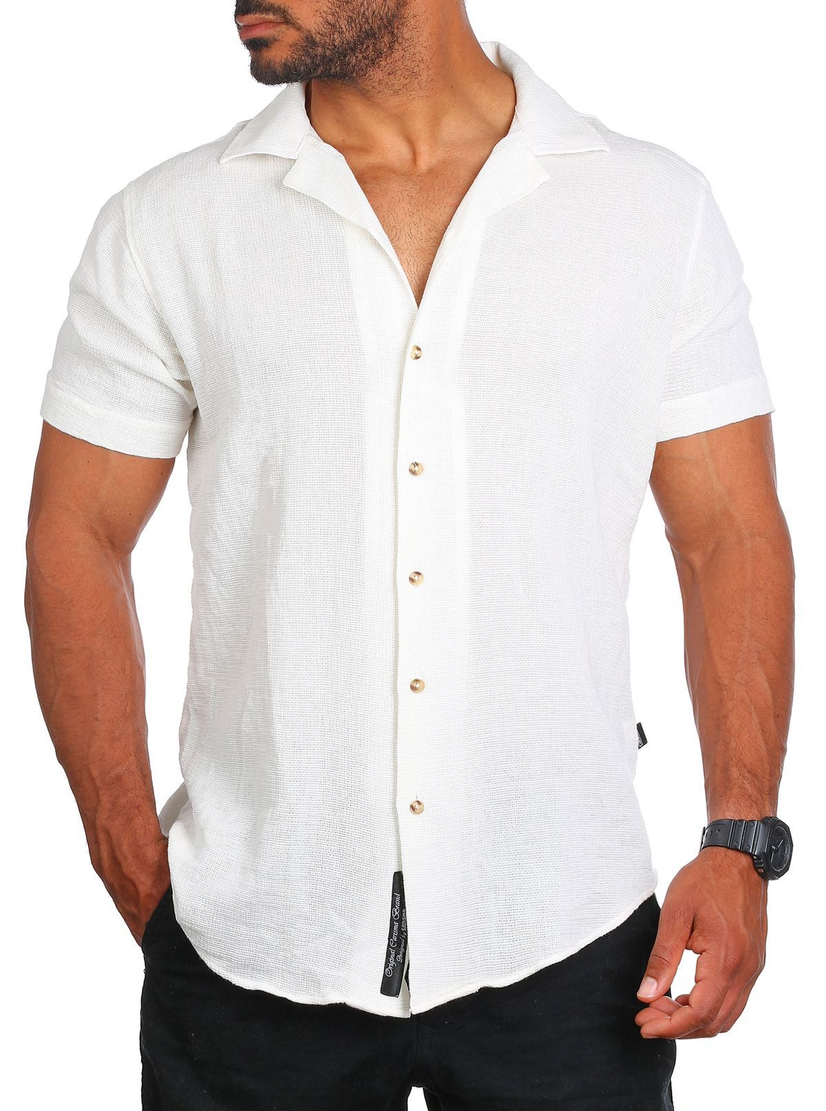CARISMA Kurzarmhemd Herren Sommer Hemd trendig luftig grob gewebt retro Look 9180 Regular Kurzarm Kentkragen Uni