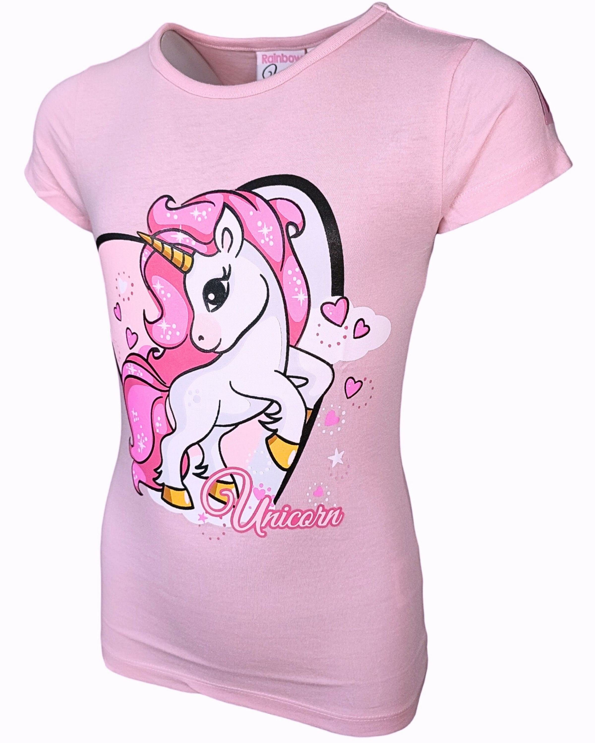 Kurzarmshirt 128 T-Shirt Gr. aus 98 cm Mädchen Einhorn - Essentials Rosa United Baumwolle