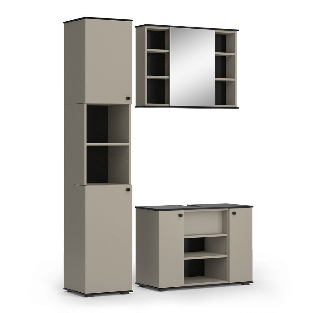 Badmöbel-Set Joli, Greige/Schwarz, 3 Teile, mit Hochschrank