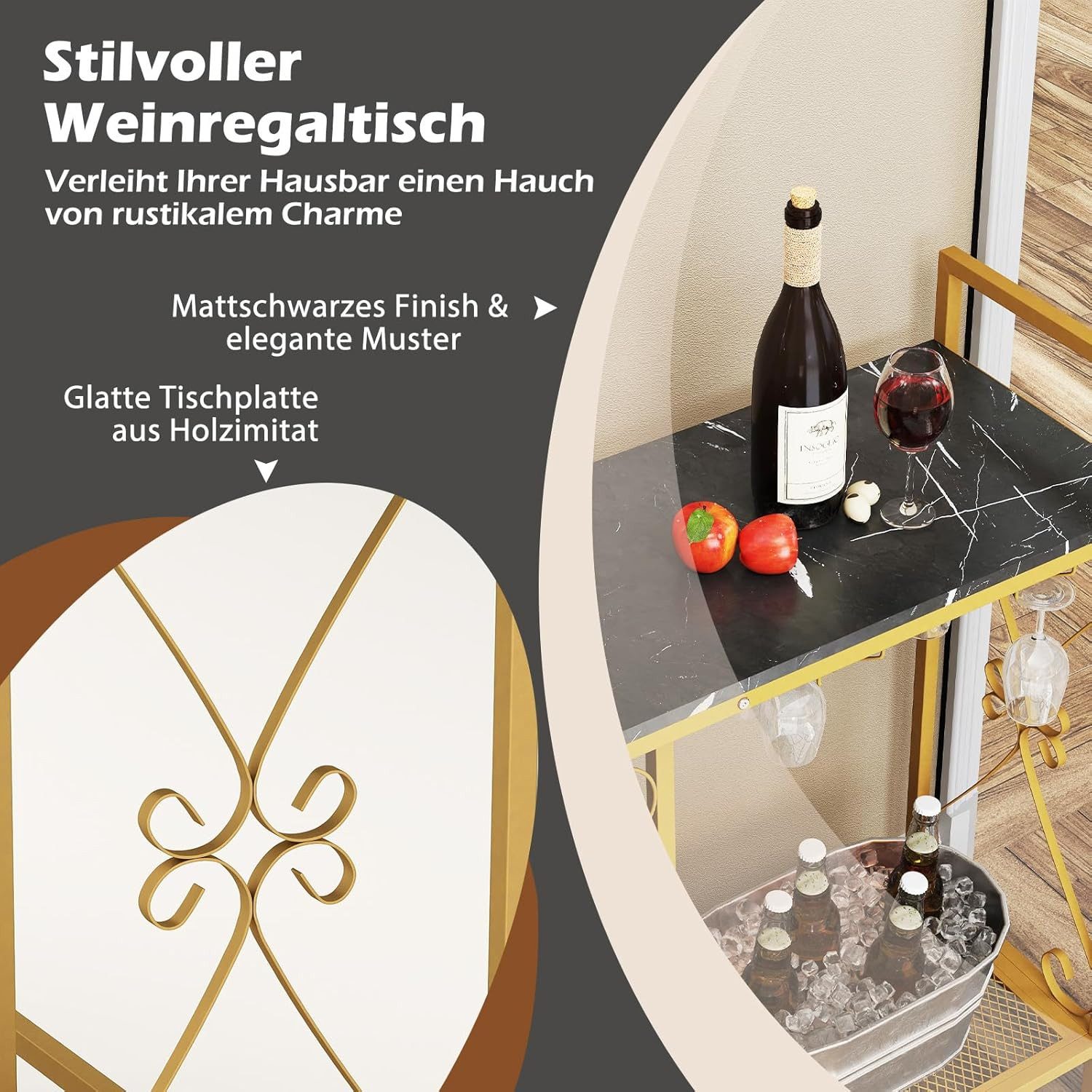 KOMFOTTEU Weinregal, Flaschenregal mit Weinglashalter für 6 Gläser & Gitterregal