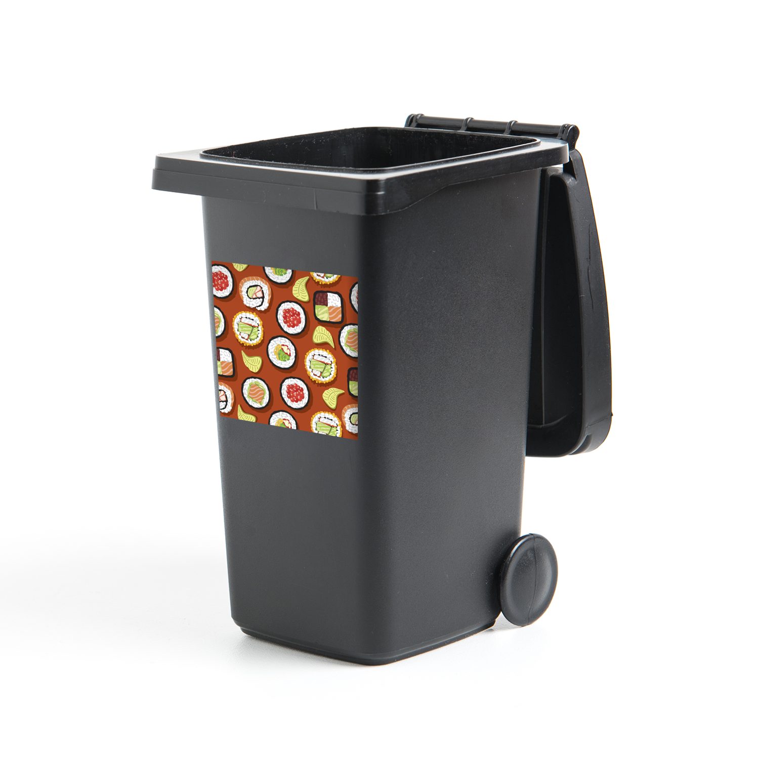 MuchoWow Wandsticker Sushi-Illustration Mülleimer-aufkleber, Container, Mülltonne, Sticker, St), (1 braunem Abfalbehälter Hintergrund auf