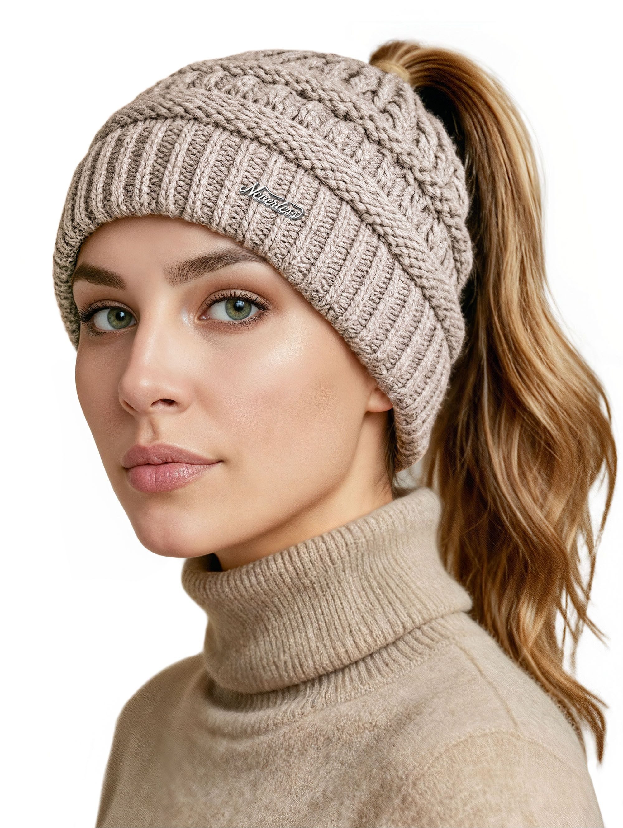 Neverless Strickmütze Damen Strickmütze Mütze Zopfloch Grobstrick Ungefüttert Wintermütze