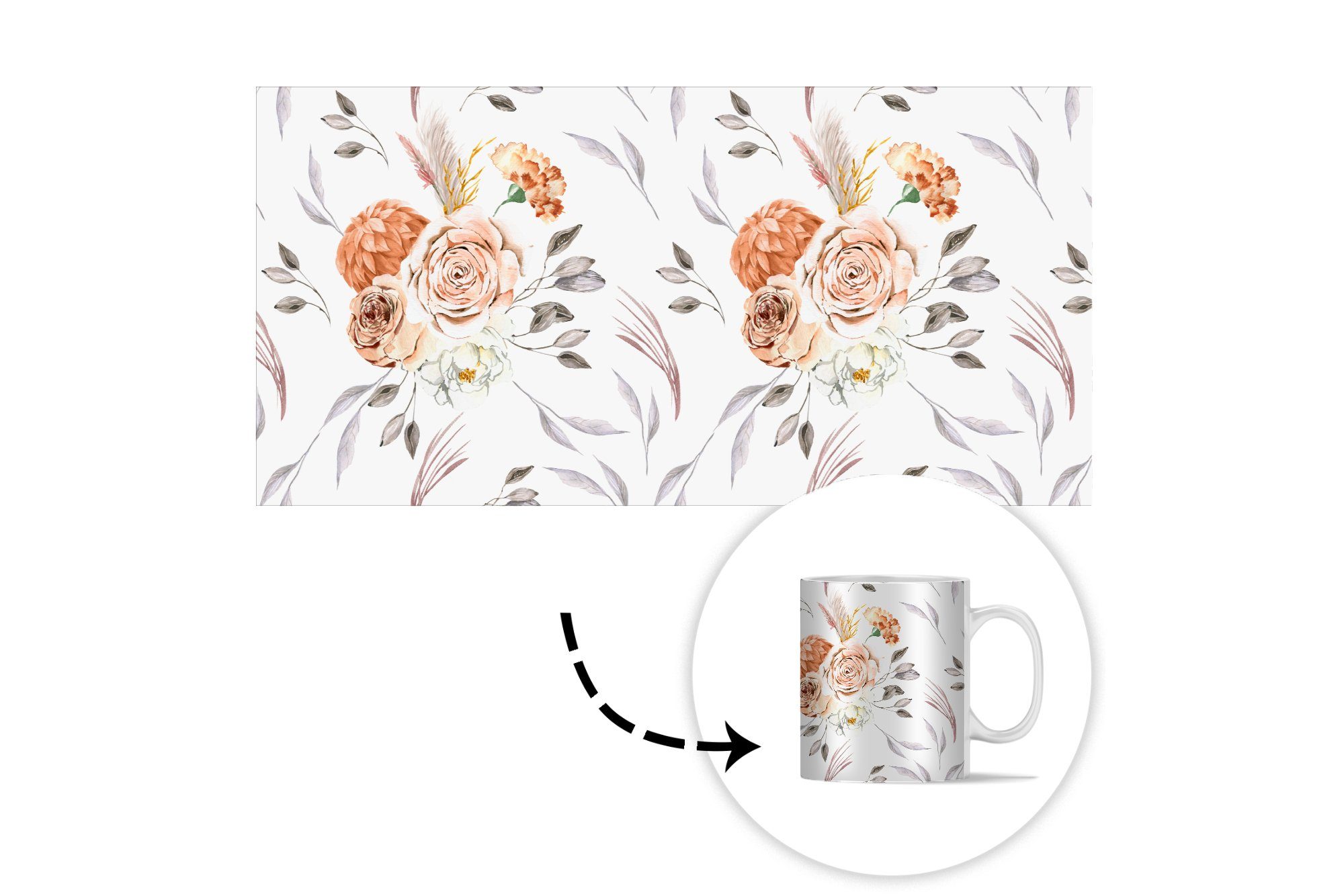 MuchoWow Muster - Tasse Blumen Kaffeetassen, Becher, Teetasse, Keramik, Rose Weiß, Teetasse, - - Geschenk