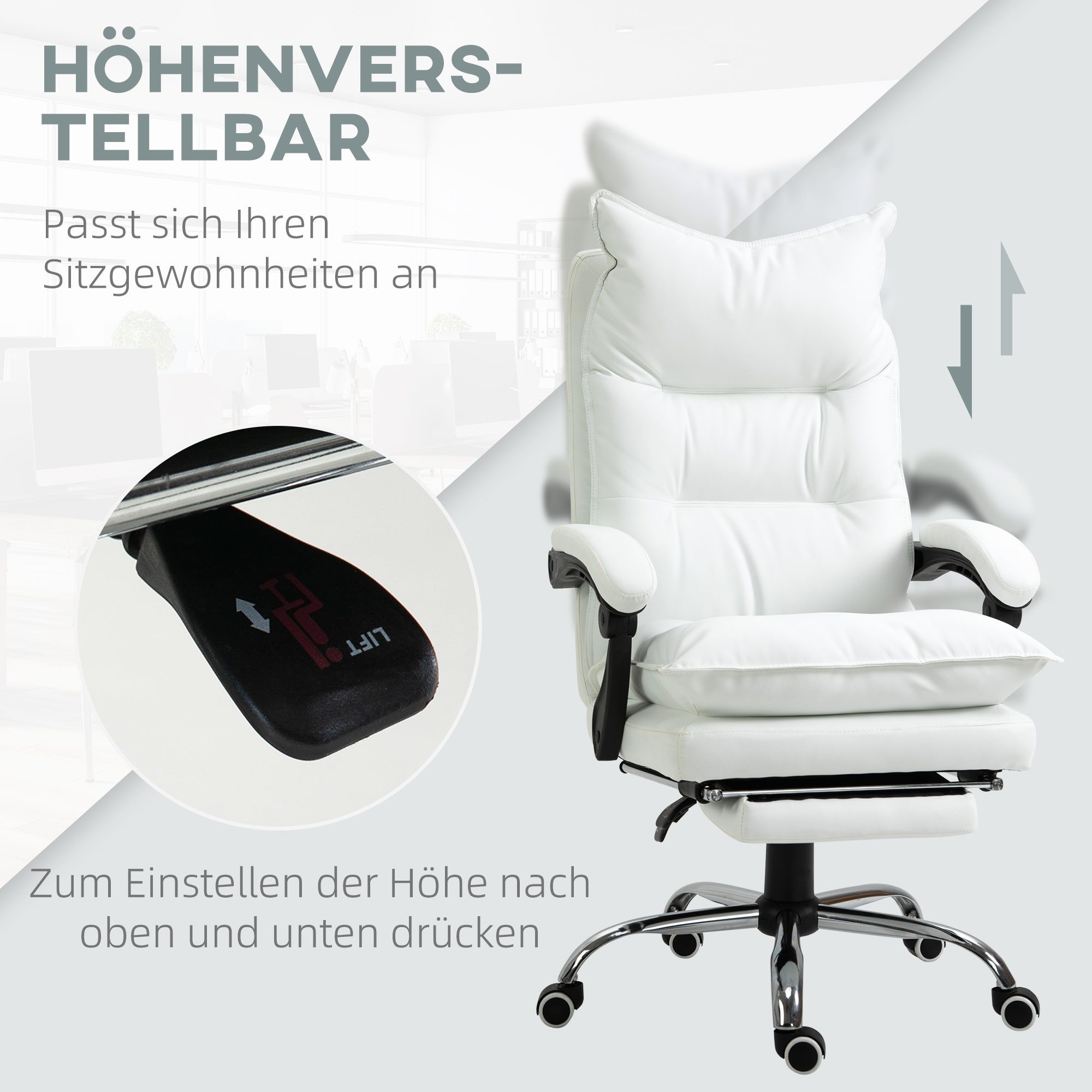 Vinsetto Schreibtischstuhl Drehstuhl Computerstuhl mit Armlehne, Fußstütze (Bürostuhl, 1 St), für Wohnzimmer, Weiß – Bild 4 von 5