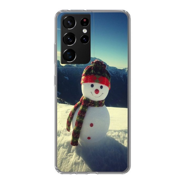 MuchoWow Handyhülle Schneemann mit Blick auf die Landschaft während der Weihnachtszeit Phone Case Handyhülle Samsung Galaxy S21 Ultra Silikon Schutzhülle