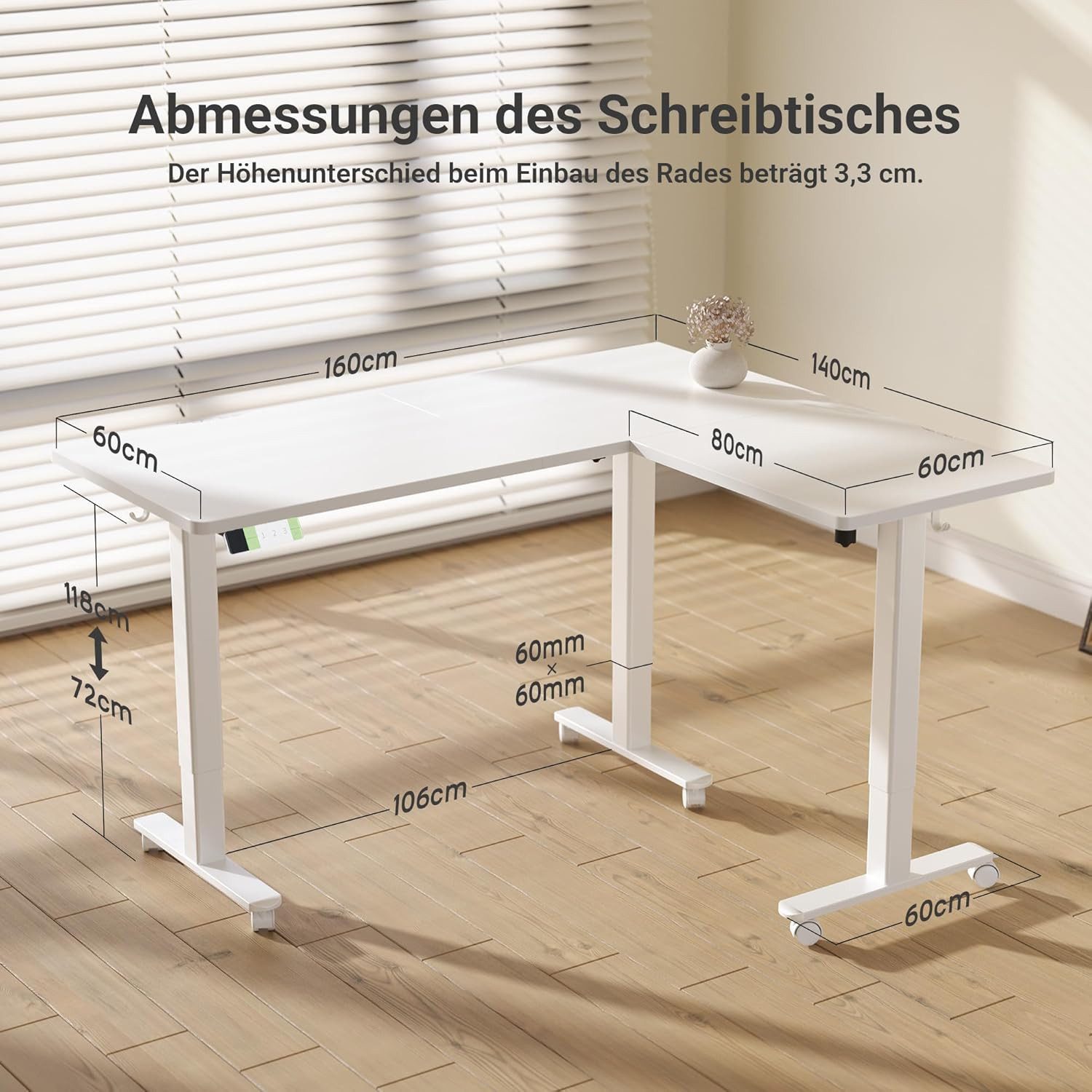 Claiks Eckschreibtisch L Form Höhenverstellbarer Schreibtisch auf Rollen (1-St), mit Dual-Motor, 160x140cm – Bild 2 von 5