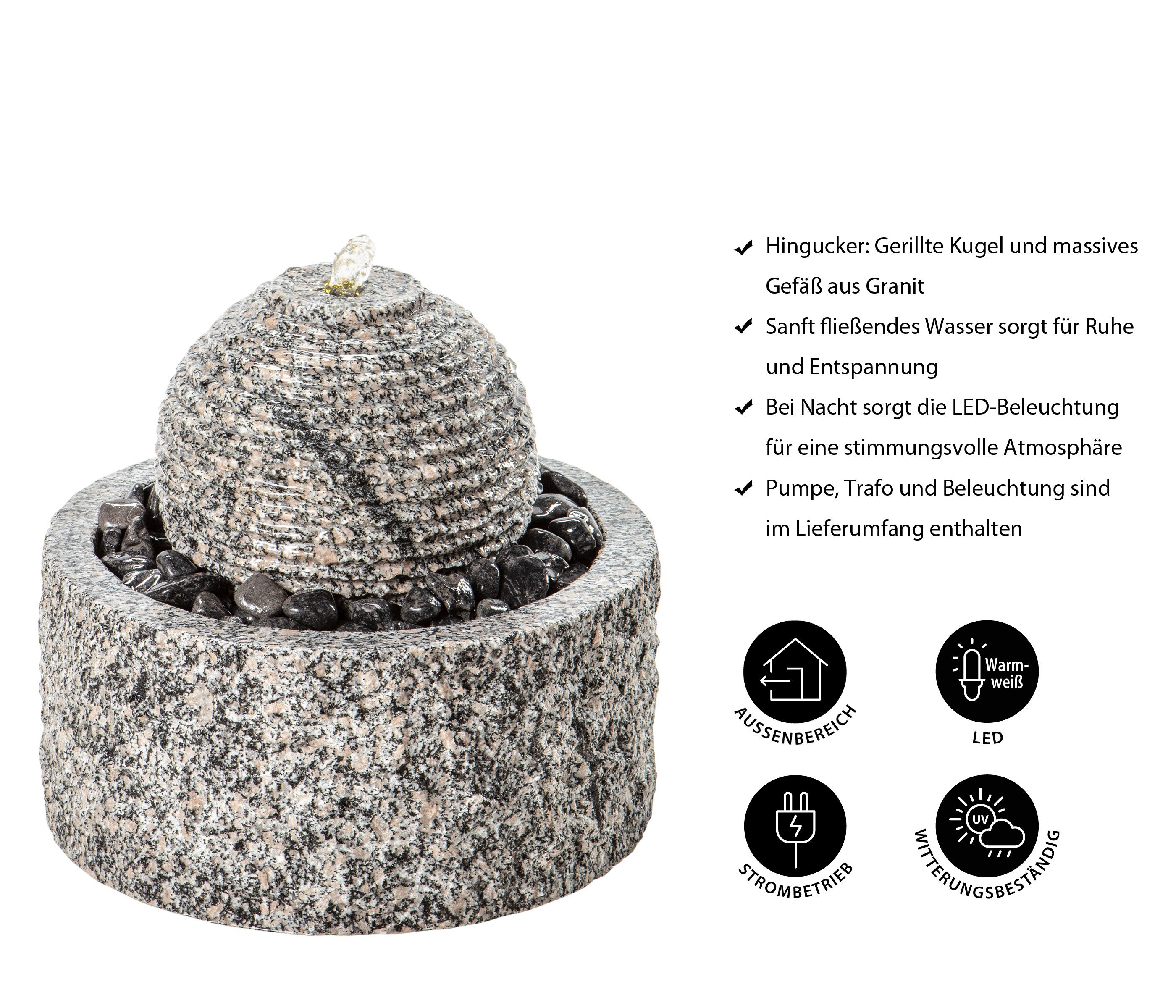 Dehner Gartenbrunnen Bern mit LED, Ø 42 cm, Höhe 45 cm, Granit, rundes Wasserspiel aus Granit inkl. Pumpe, Trafo und LED-Beleuchtung