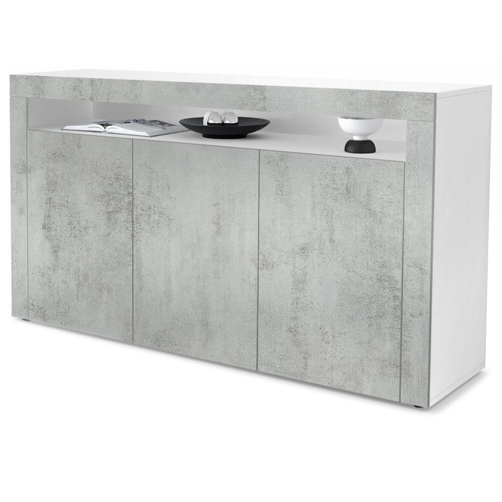 Vladon Sideboard Valencia (Sideboard, mit 3 Türen und 1 offenem Fach), Weiß matt/Beton Oxid Optik/Beton Oxid Optik (155 x 92 x 40 cm)