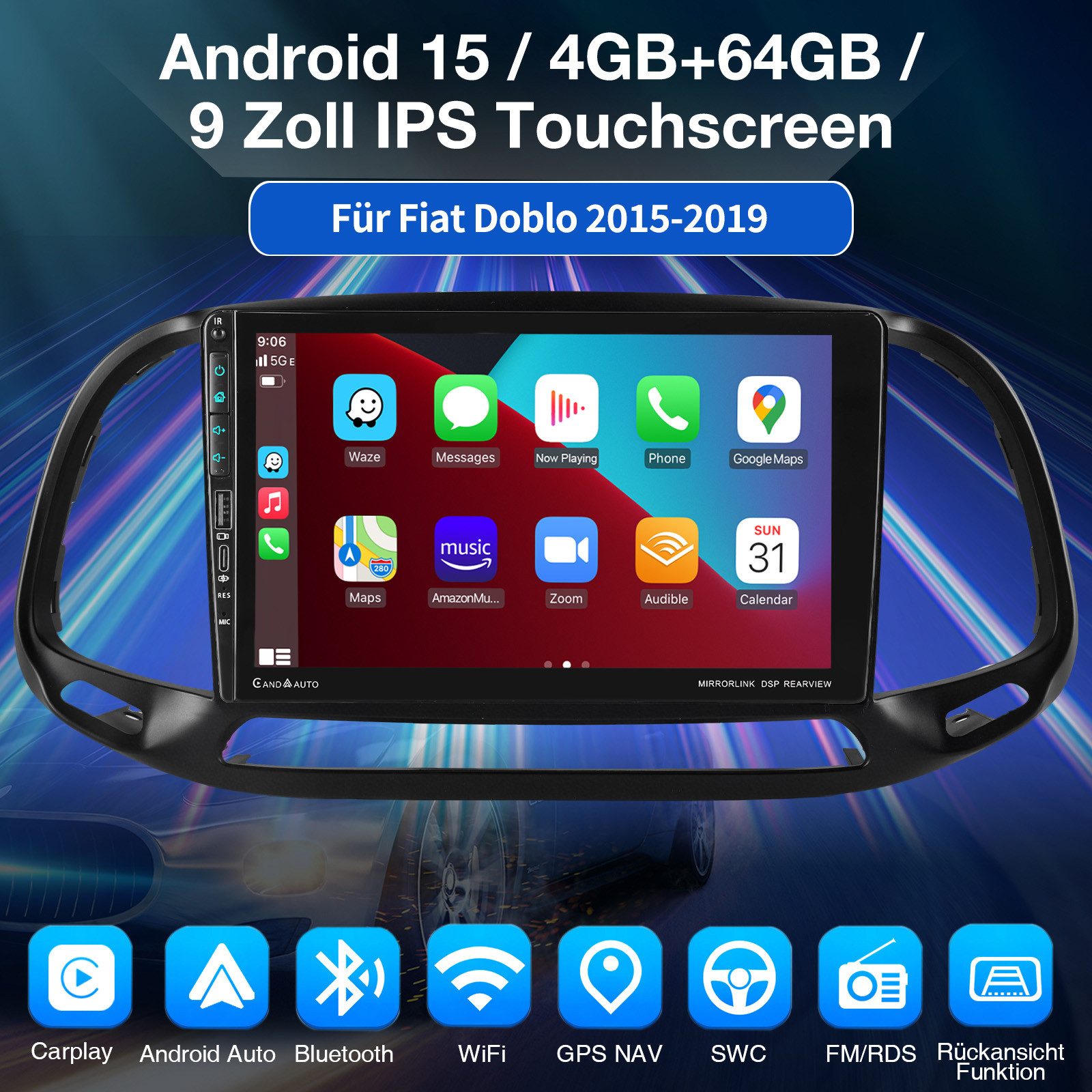 ESSGOO Autoradio Android 15 CarPlay Für Fiat Doblo (2015-2019) mit USB Type-C Autoradio (Digitalradio (DAB), DAB (optional), 4+64GB(optional), RDS, AM, FM, USB Type-C, Carplay Android Auto Bluetooth EQ USB GPS Navi WIFI Touchscreen)