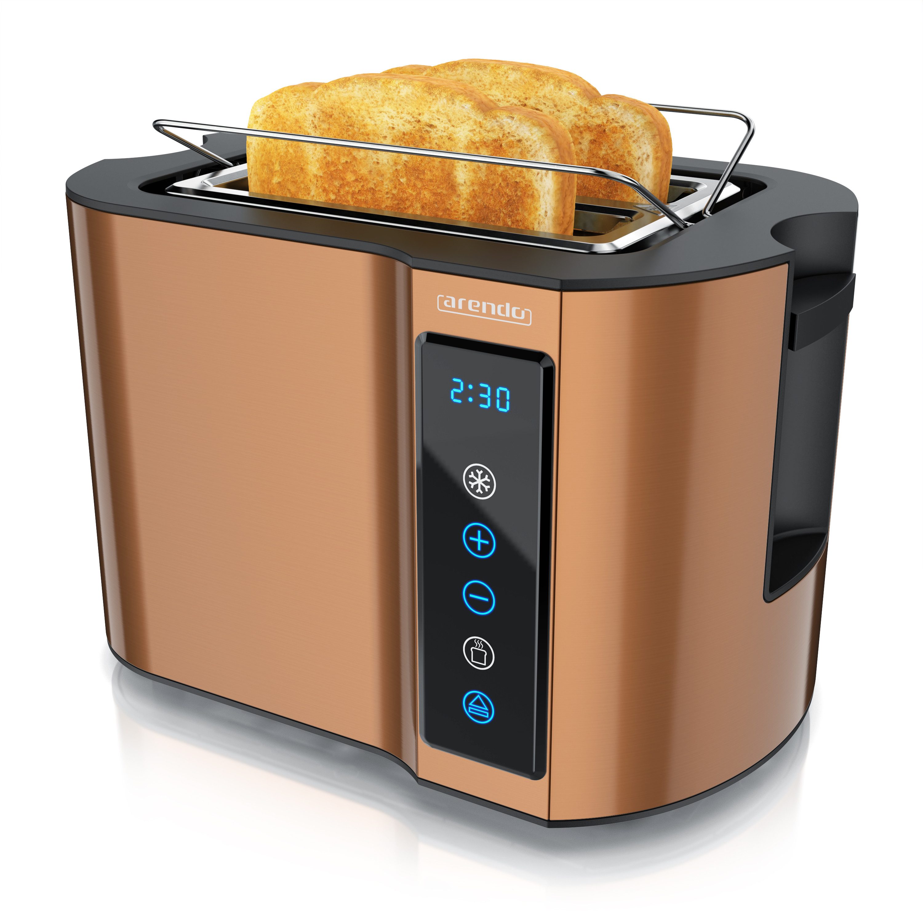 Arendo Toaster Wärmeisoliertes Doppelwandgehäuse, Display mit Restzeitanzeige, 2 kurze Schlitze, für 2 Scheiben, 800 W, Touchpanel, Brötchenaufsatz, 7 Bräunungsgrade, Brotscheibenzentrierung