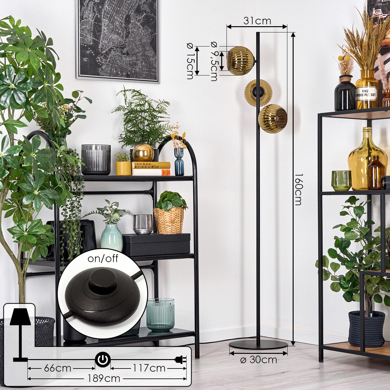 hofstein Stehlampe Stehlampe aus Metall/Riffelglas in Schwarz/Goldfarben, ohne Leuchtmittel, Stehleuchte Retro/Vintage, Ø Schirme 15 cm, Fußschalter, 160 cm, E14